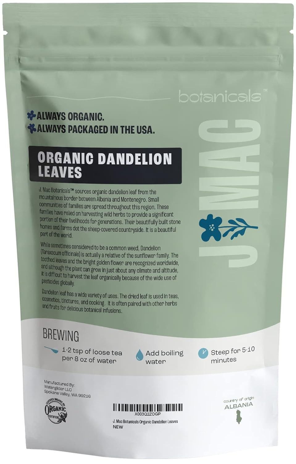 J Mac Botanicals, Organic Dandelion Leaves (4 Oz Bag) USDA Certified Organic Dan