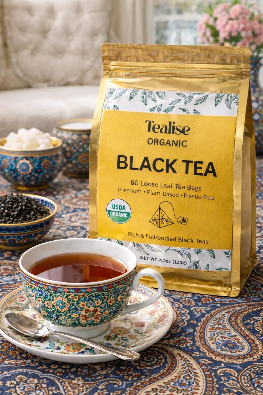Organic Black Tea Plant-Based & Plastic-Free Tea Bags 60 Servings Premium Who…