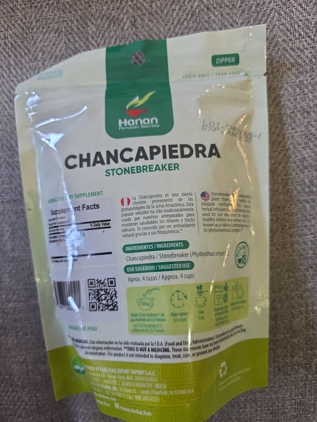 Hanan Peruvian Secrets Chancapiedra Herbal Tea 100% Natural Stonebreaker