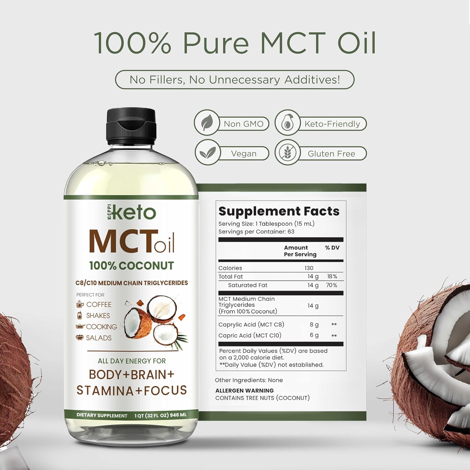 Keppi Keto MCT Oil – Flavorless C8 and 32 Fl Oz (Pack of 1), & C10