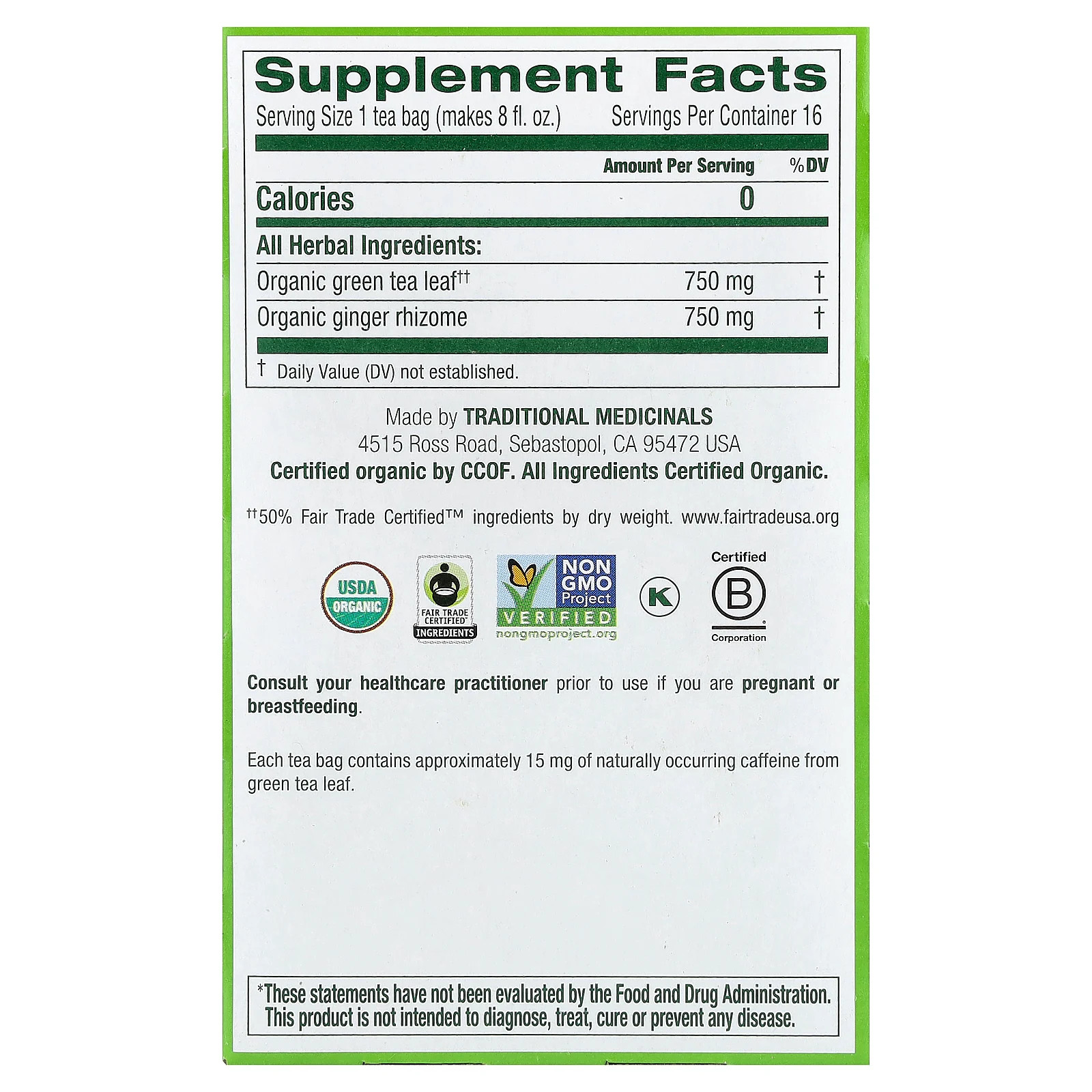 Organic Green Tea, Ginger, 16 Wrapped Tea Bags, 0.85 oz (24 g)