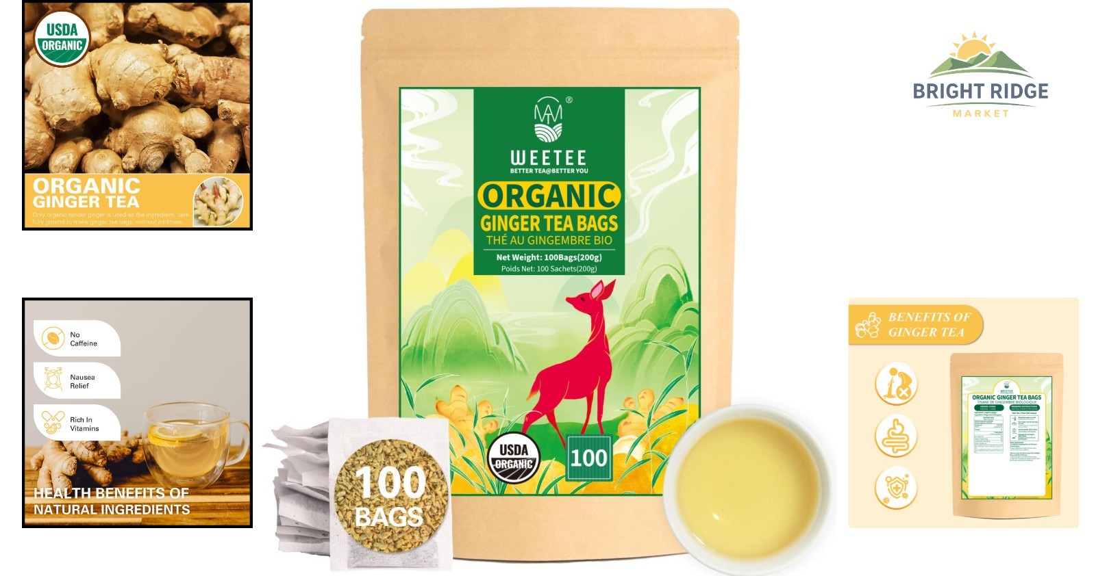 Caffeine Free Ginger Tea, 100 Count Organic Bags for Nutritional Benefits