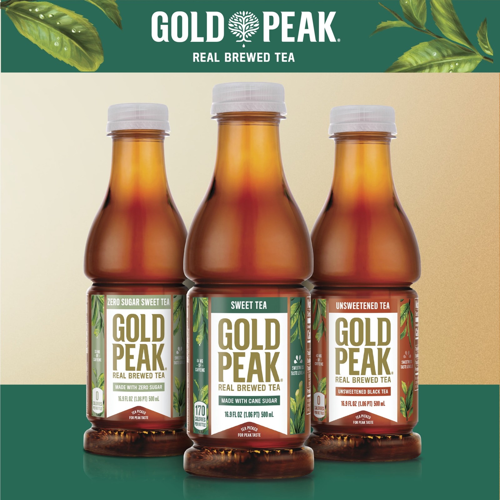 Gold Peak Iced Tea, Unsweetened Tea, 16.9 fl oz Bottles, 6 Pack