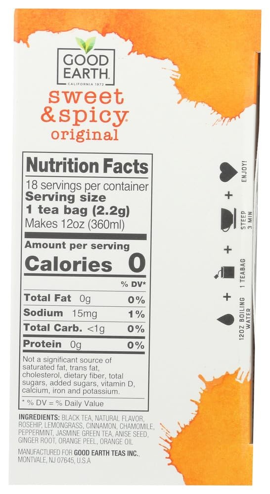 Good Earth Sweet & Spicy Herbal & Black Tea, 18 Tea Bags, 1.43 Ounce (6-Pack)