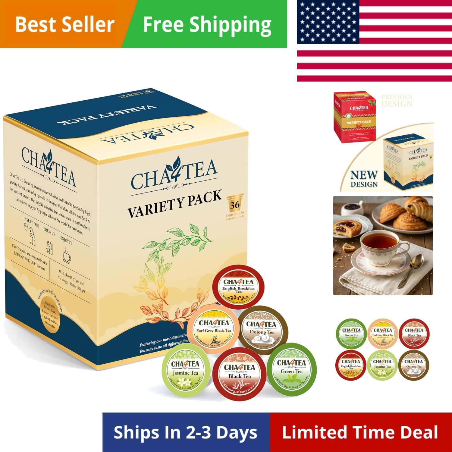 36-Count 6 Flavors Variety Pack Tea for Keurig K-Cup Brewers, Including Green…