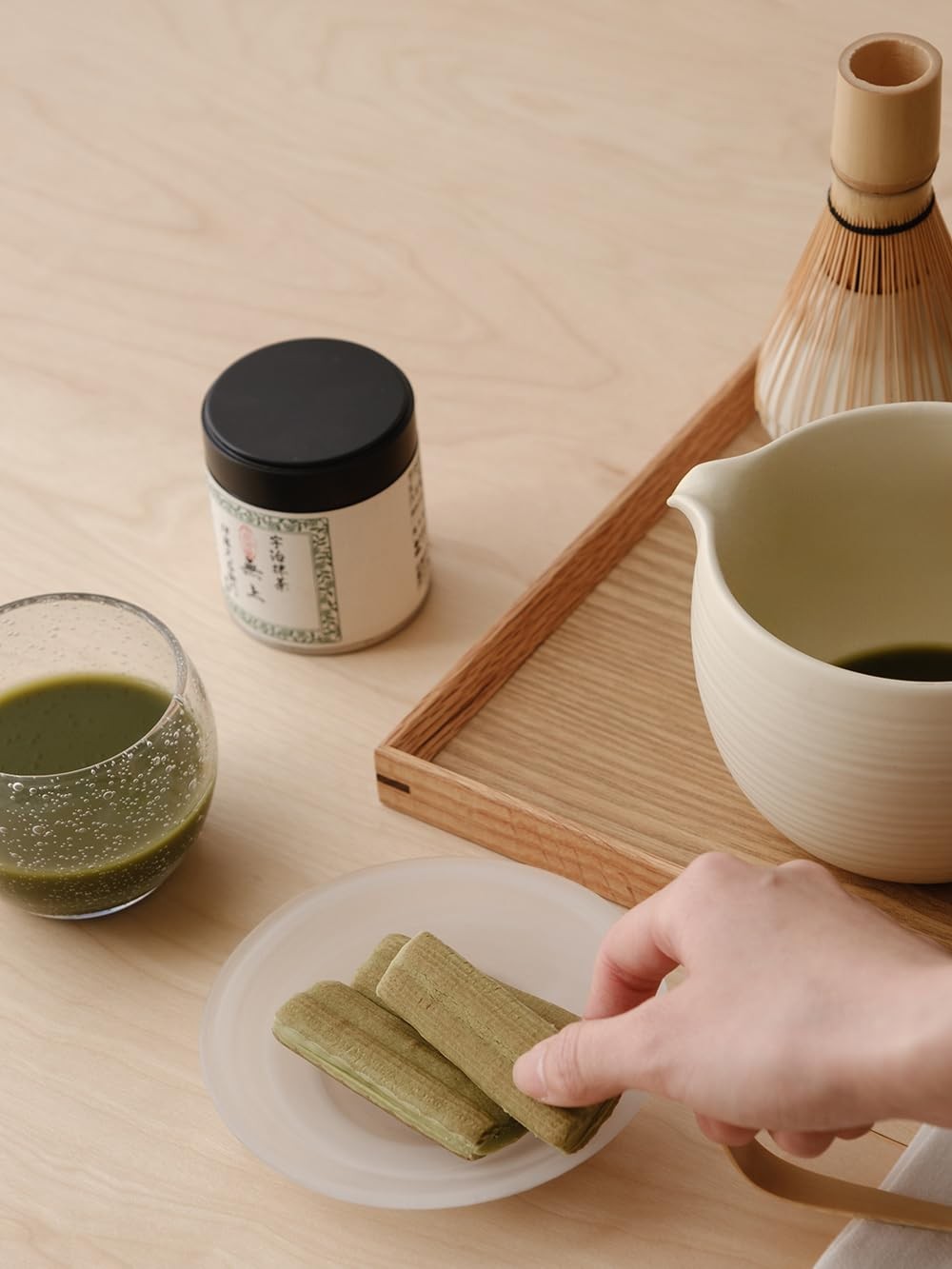 WENSHUO Matcha Whisk Sets (Matte Crème) with Wooden Tray and Ribbon Gift Box …
