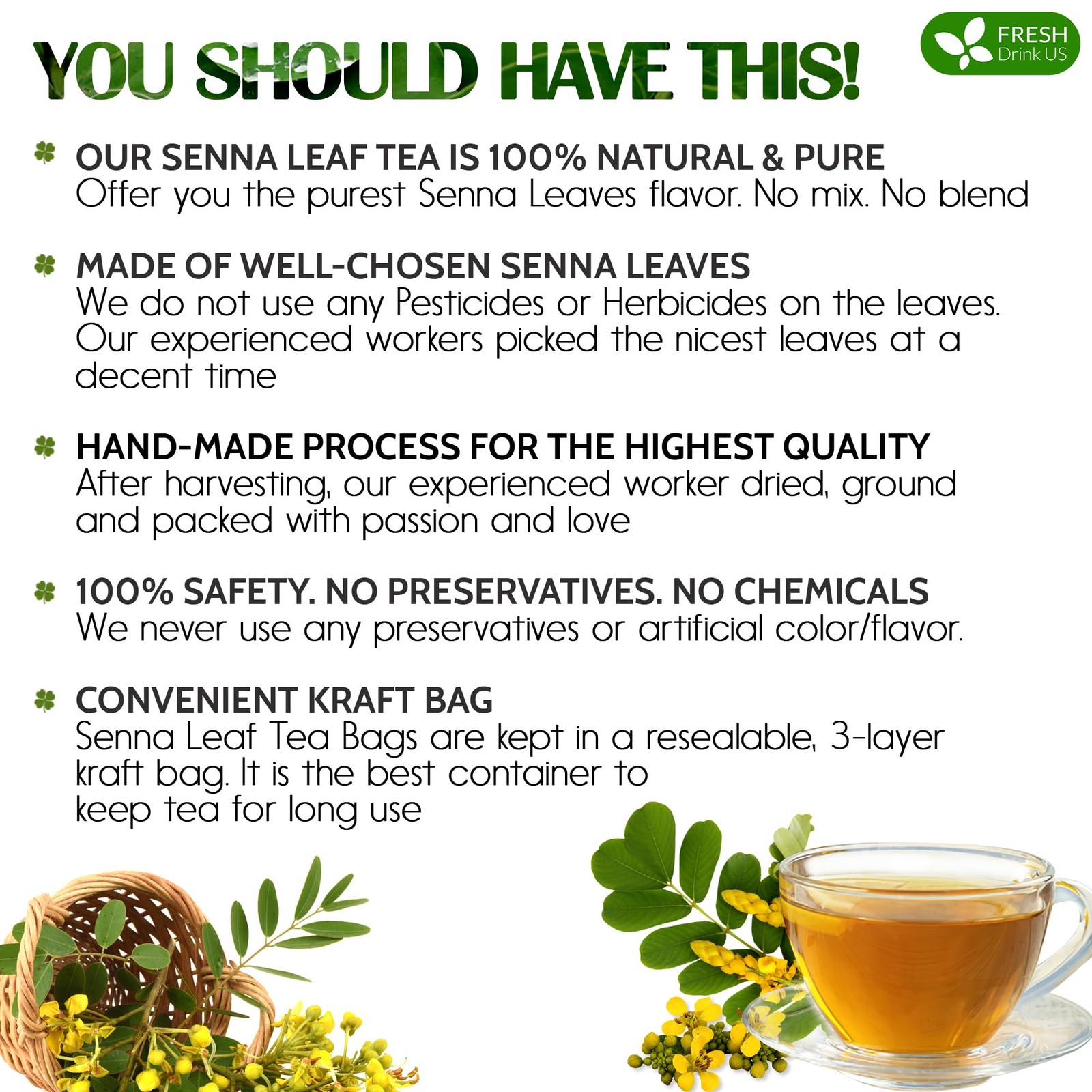 FreshDrinkUS, Premium 55 Senna Leaf Tea Bags, 100% Natural & Pure 55 Bags