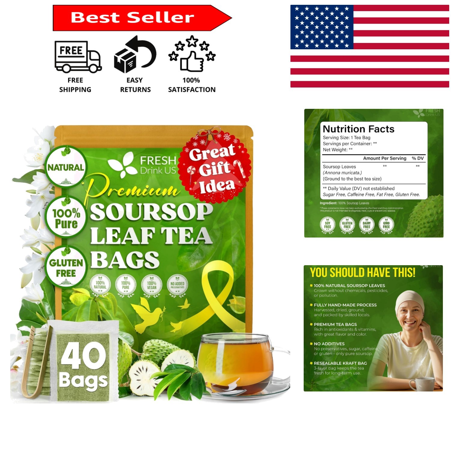 Handmade 40 Count Soursop Tea Bags – 100% Natural, Caffeine & Gluten Free