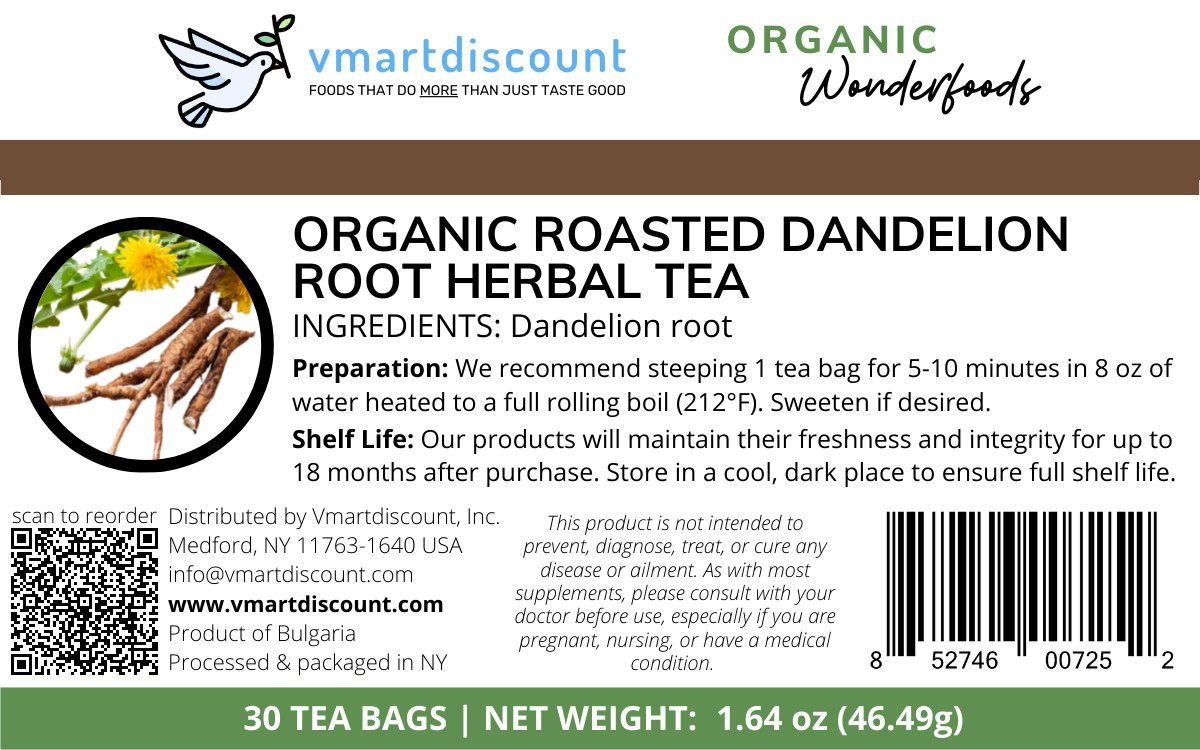 Organic Roasted Dandelion Root Herbal Tea 30 Bags, All Natural Caffeine-Free Tea