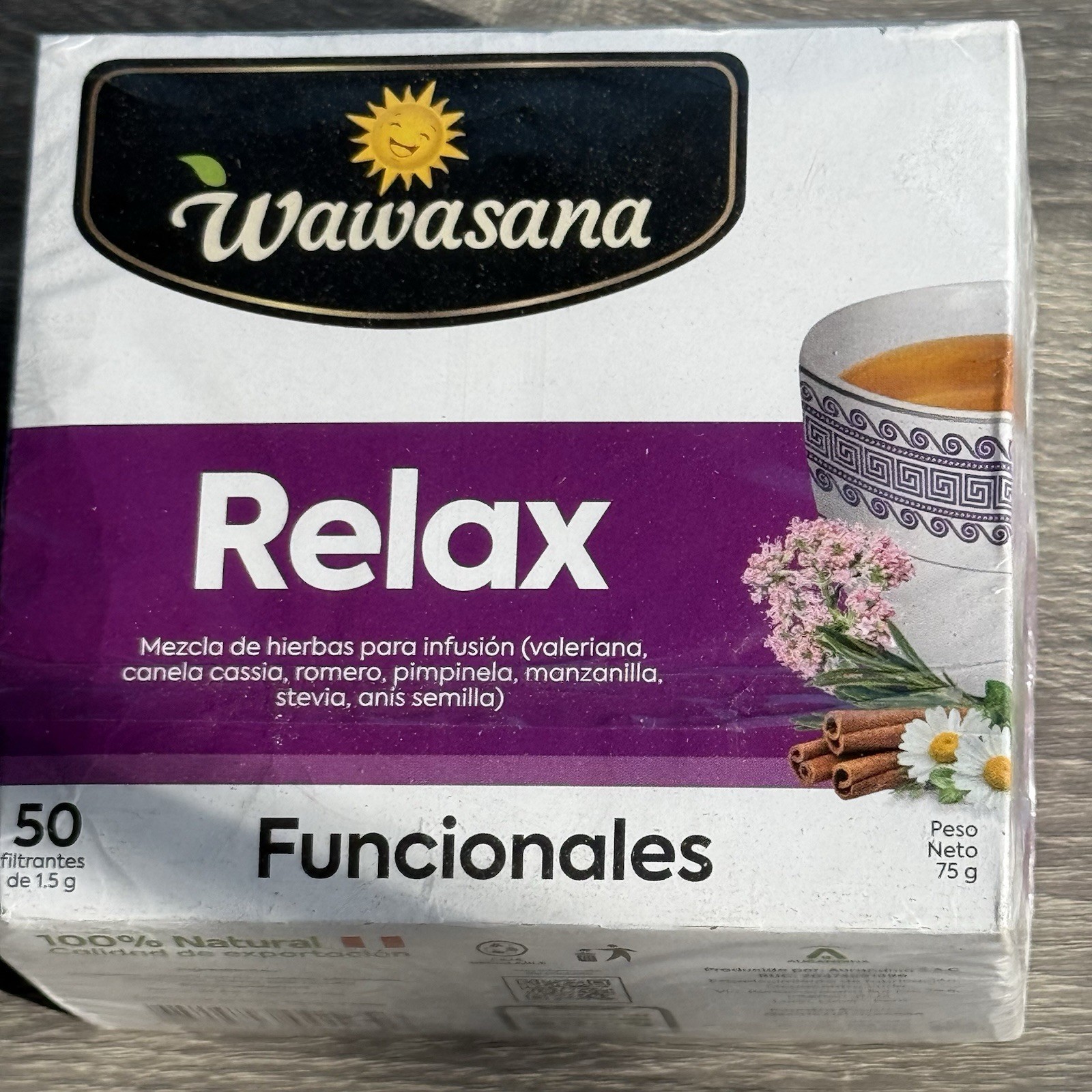 Wawasana Relax 50Tea Bags Peruvian Herbal 100%Natural Mix Herbs Made in Peru 75g