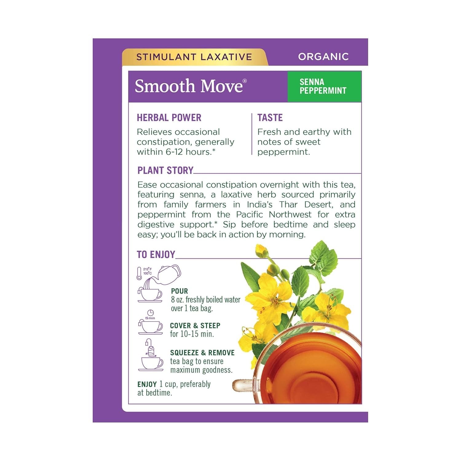 USDA Organic Smooth Move Tea – Caffeine-Free Peppermint & Senna Herbal Blend