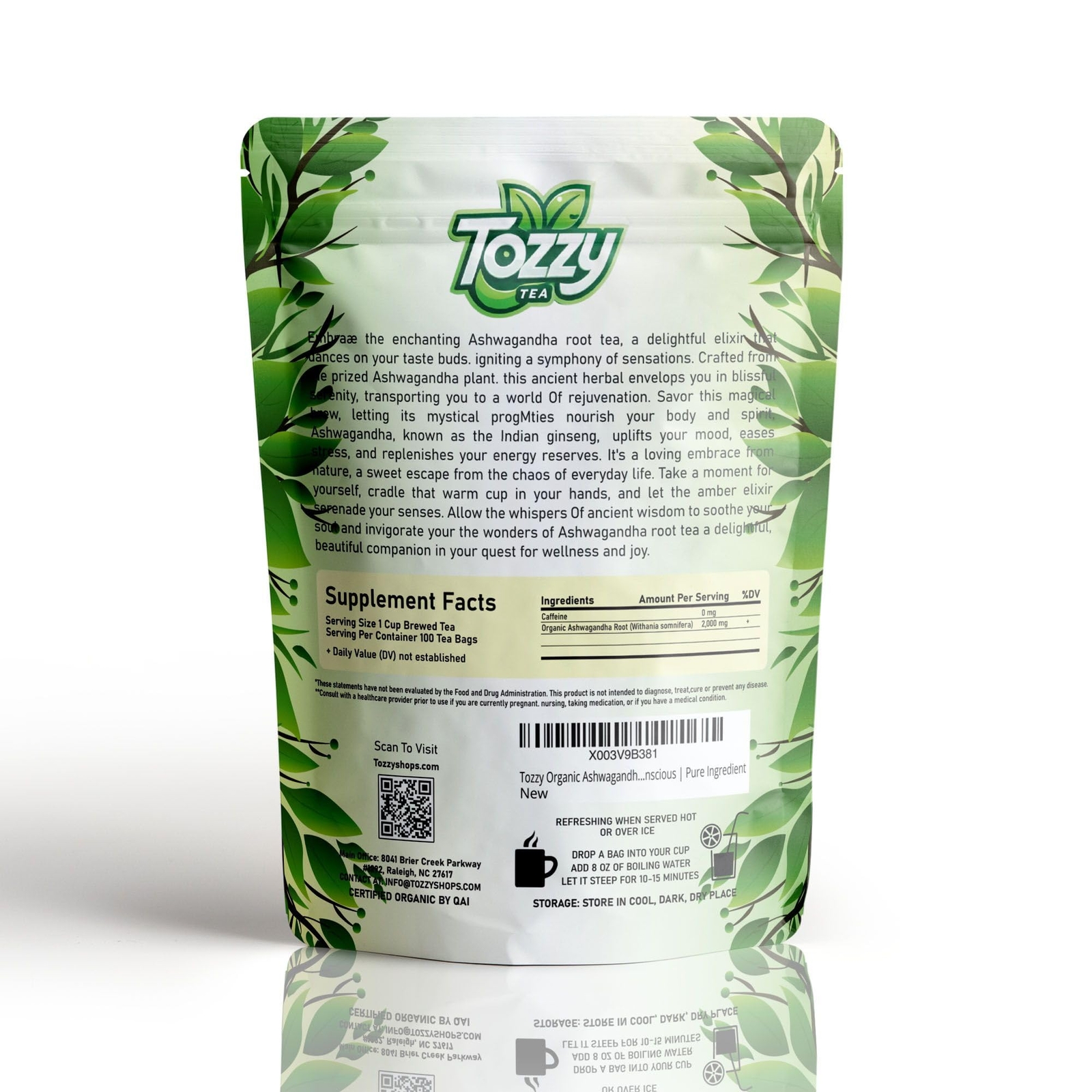 Organic Ashwagandha Tea – 100 Count (Pyramid Tea Bags) | Pure Plant-Based Ing…