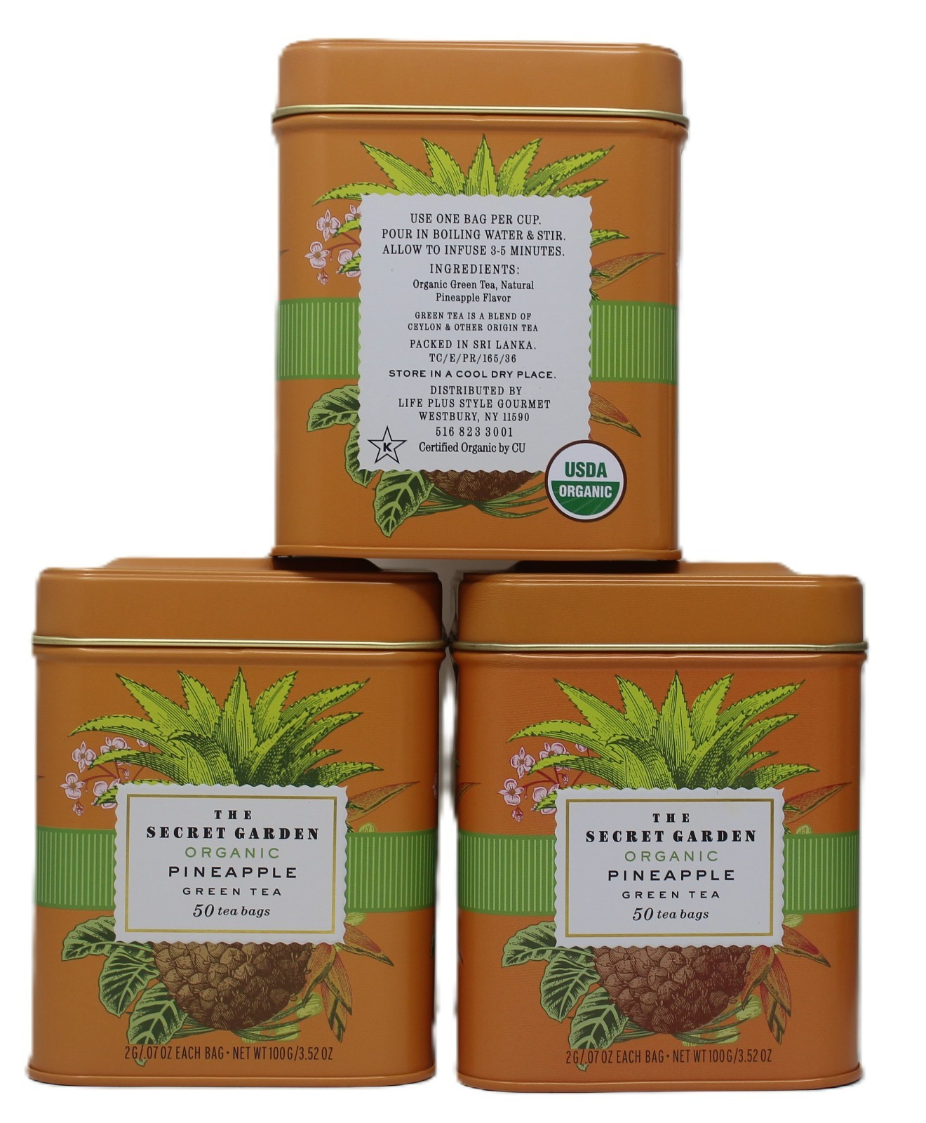 x3 Organic Pineapple Green Tea Secret Garden 50 ea Tea Bags Reusable Tin New