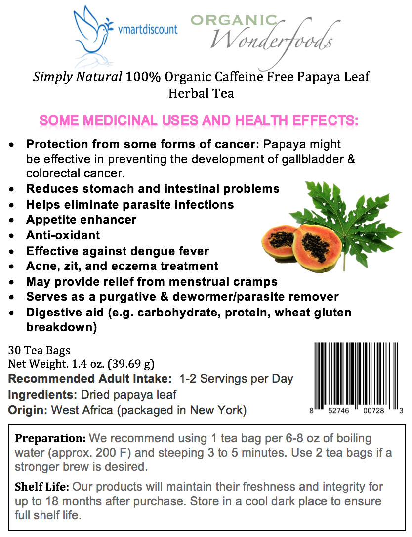 Papaya Leaf Herbal Tea Hojas de Papaya 30 Tea Bags Caffeine Free Anti Malaria