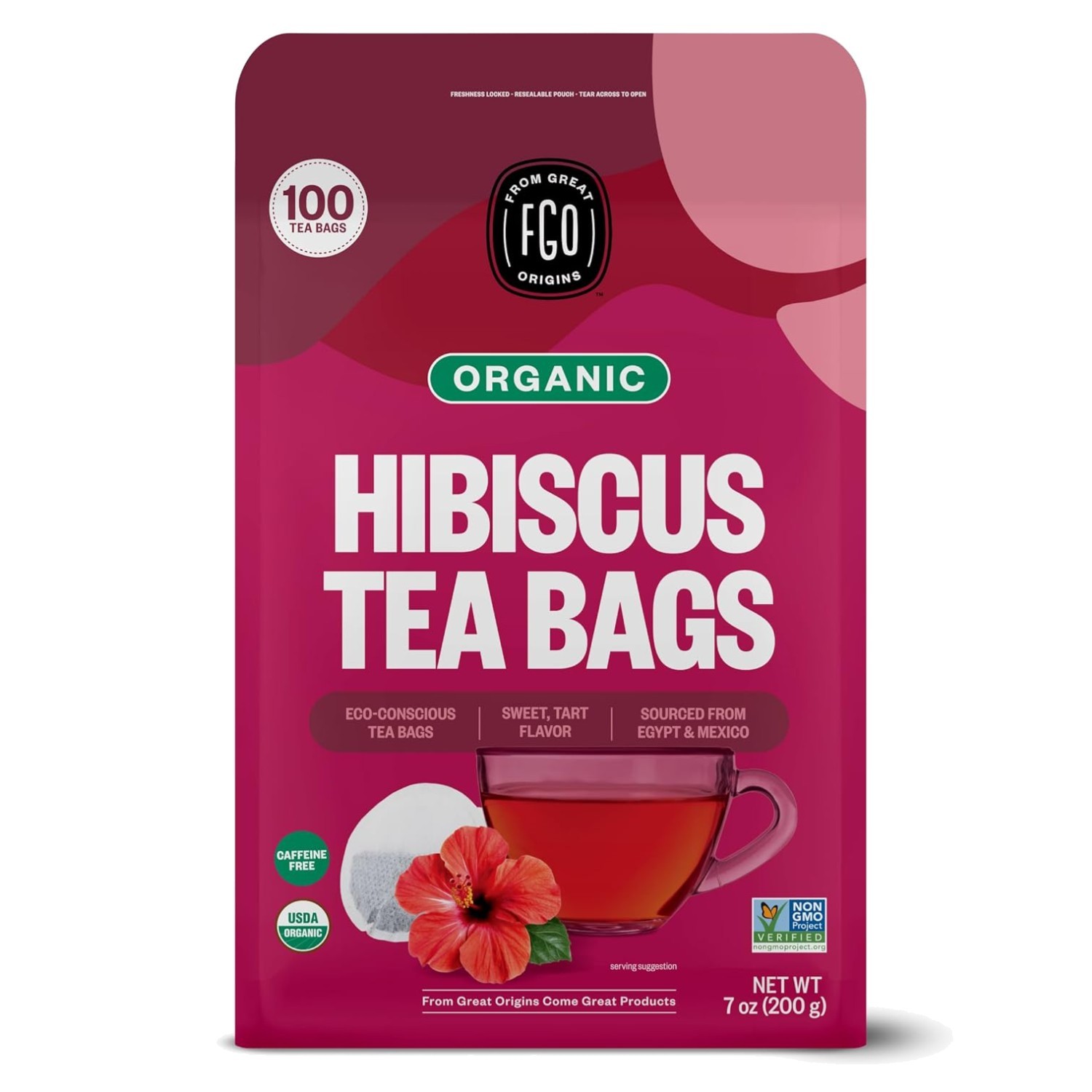 Eco-Friendly Hibiscus Tea Bags, 100 Count, Caffeine-Free