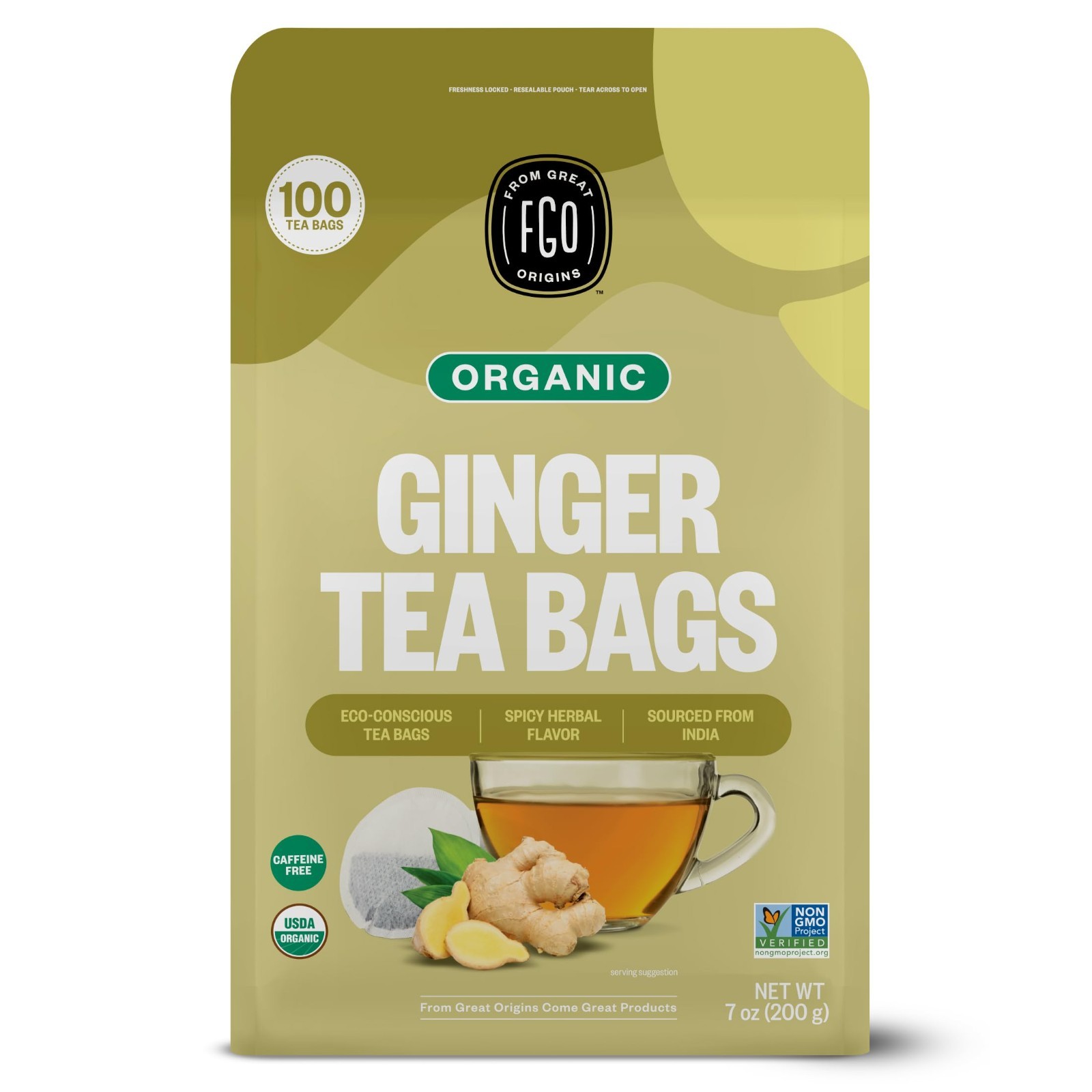 Organic Ginger Tea Bags – 100 Count, Eco-Friendly, Resealable Packaging, Herbal