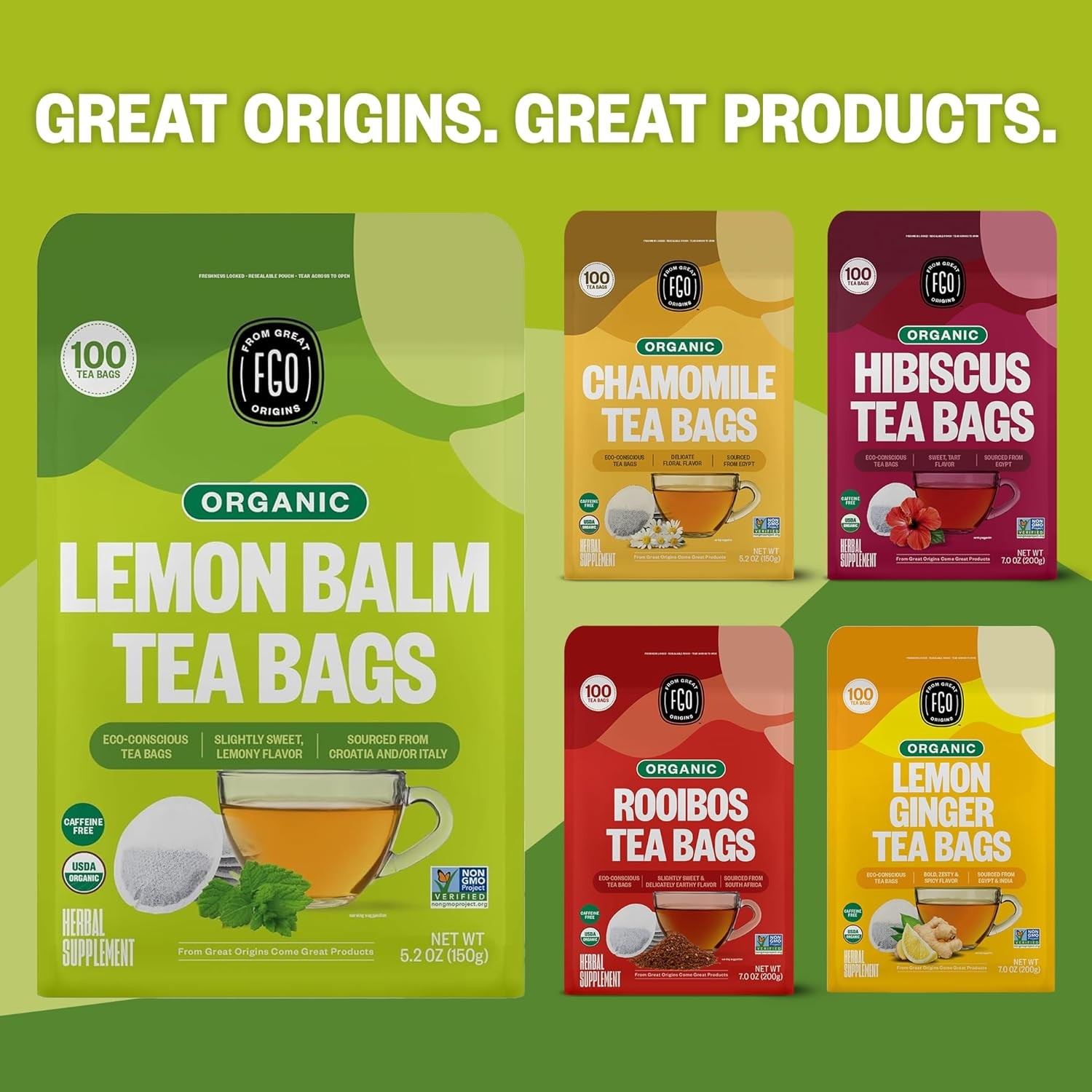 FGO Organic Lemon Balm Tea, 100 Count, Eco-Conscious Herbal Tea Bags, Resealable