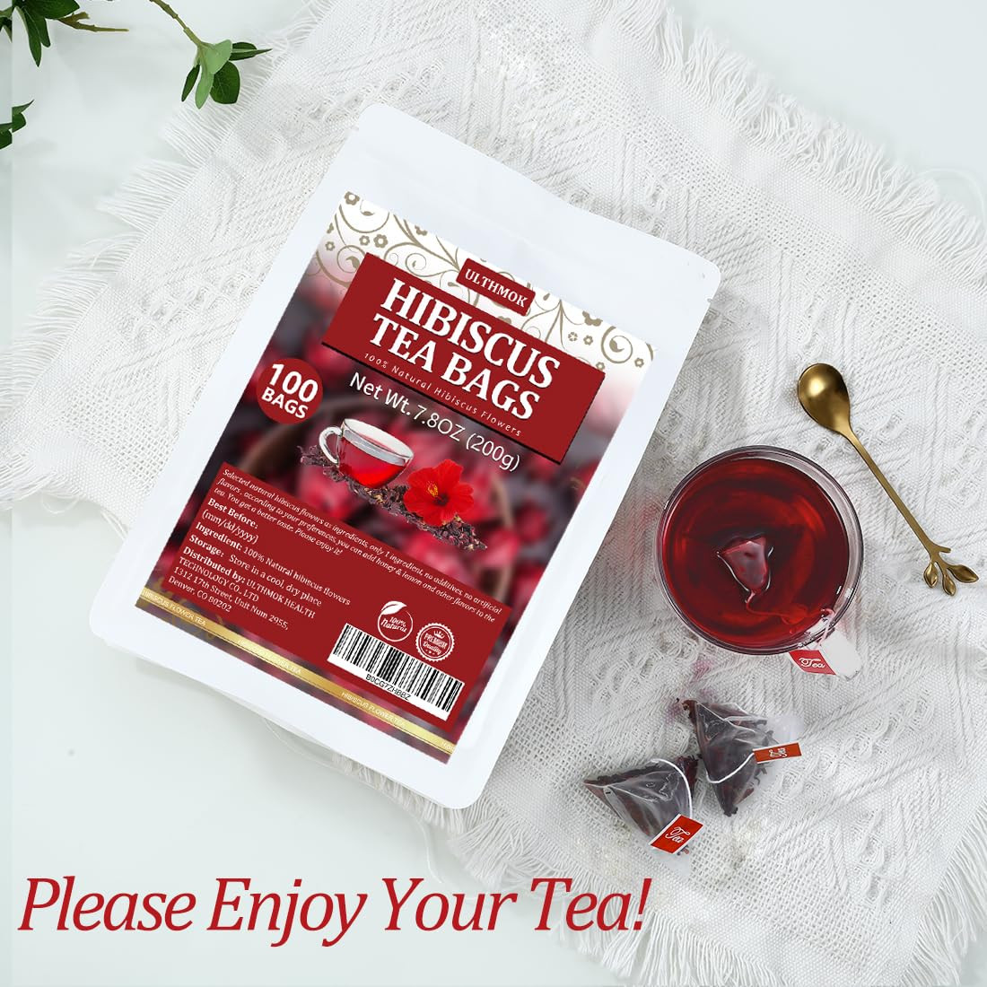 Premium Hibiscus Tea Bags,100 Tea Bags/7.06 Oz,100% Pure Dried Hibiscus Flower,N
