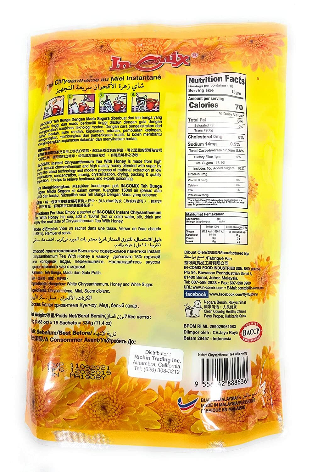 In-Comix Instant Chrysanthemum Tea with Honey 18 Sachets (2 Pack )