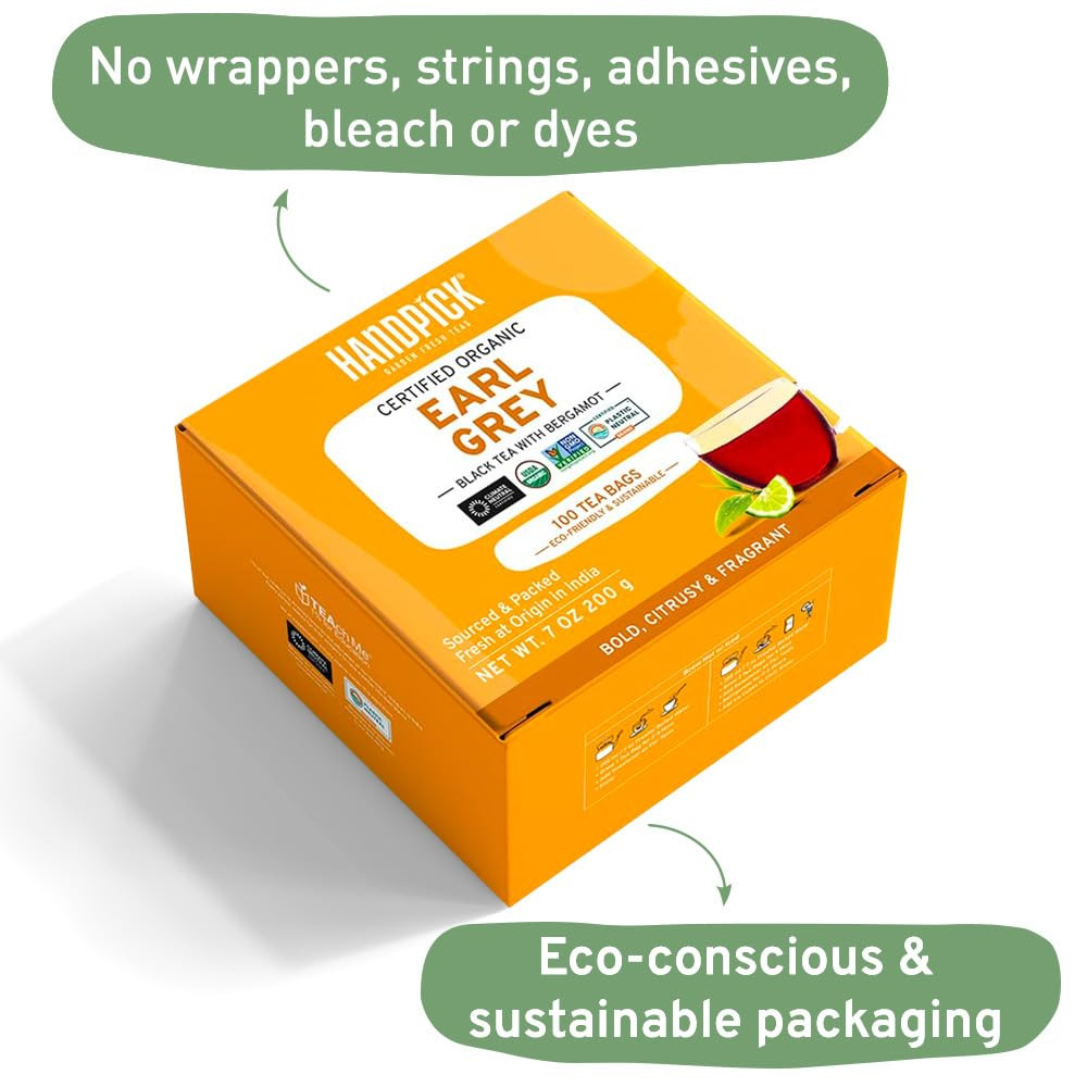 HANDPICK, Organic Earl Grey Black Tea Bags (100 Count) Double Bergamot Oil | Caf