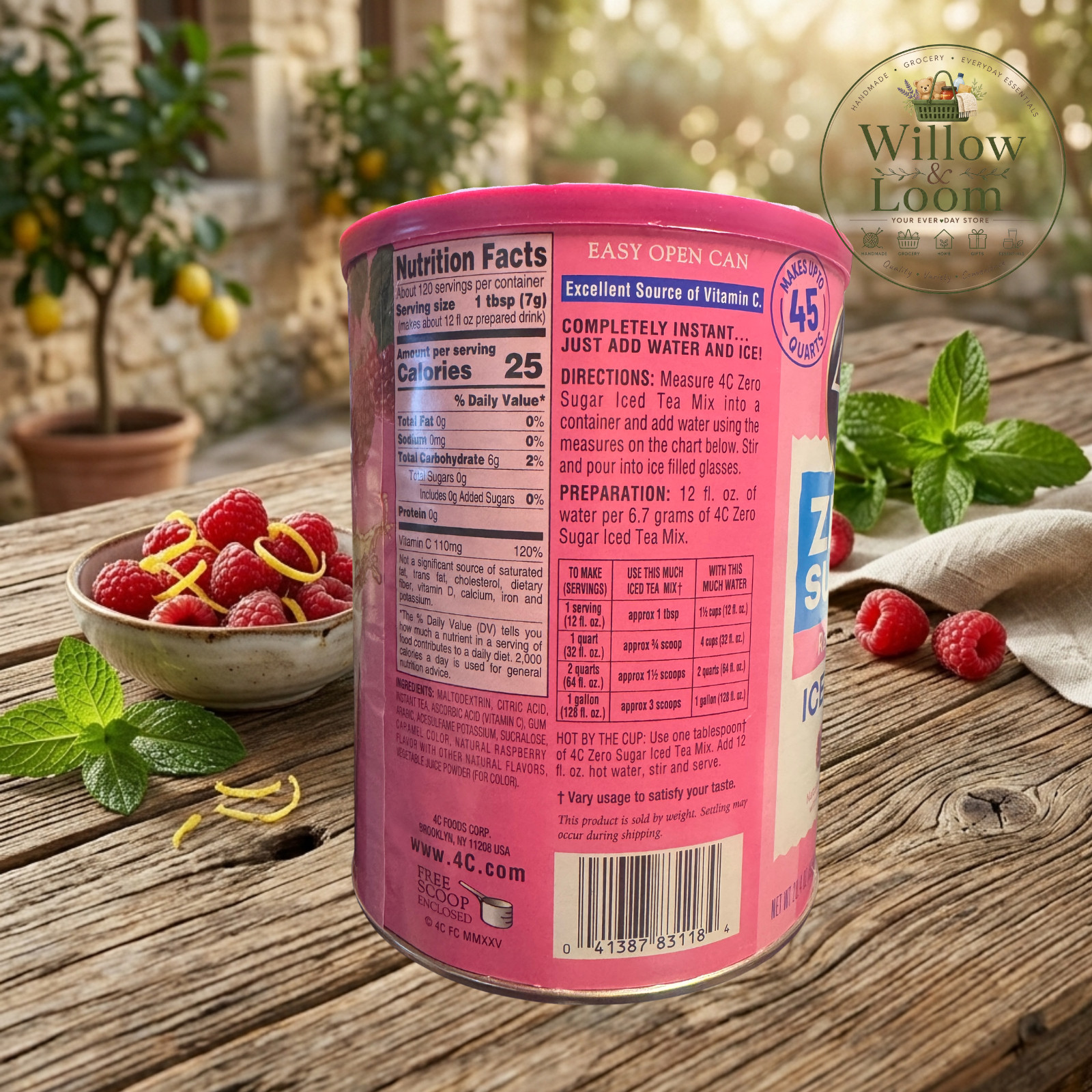 4C Zero Sugar Raspberry Iced Tea Mix 28.4oz Natural Raspberry Flovor 45 Quarts
