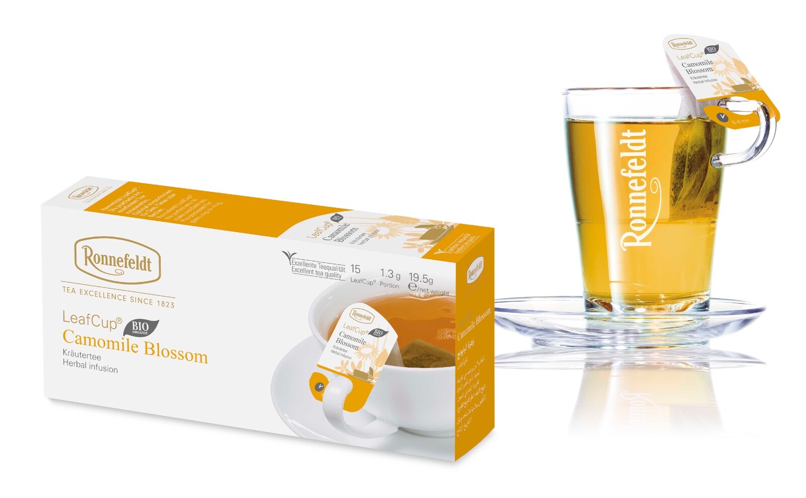 Ronnefeldt Leafcup® Camomile Blossom BIO. 15 Premium herbal tea bags. Germany.