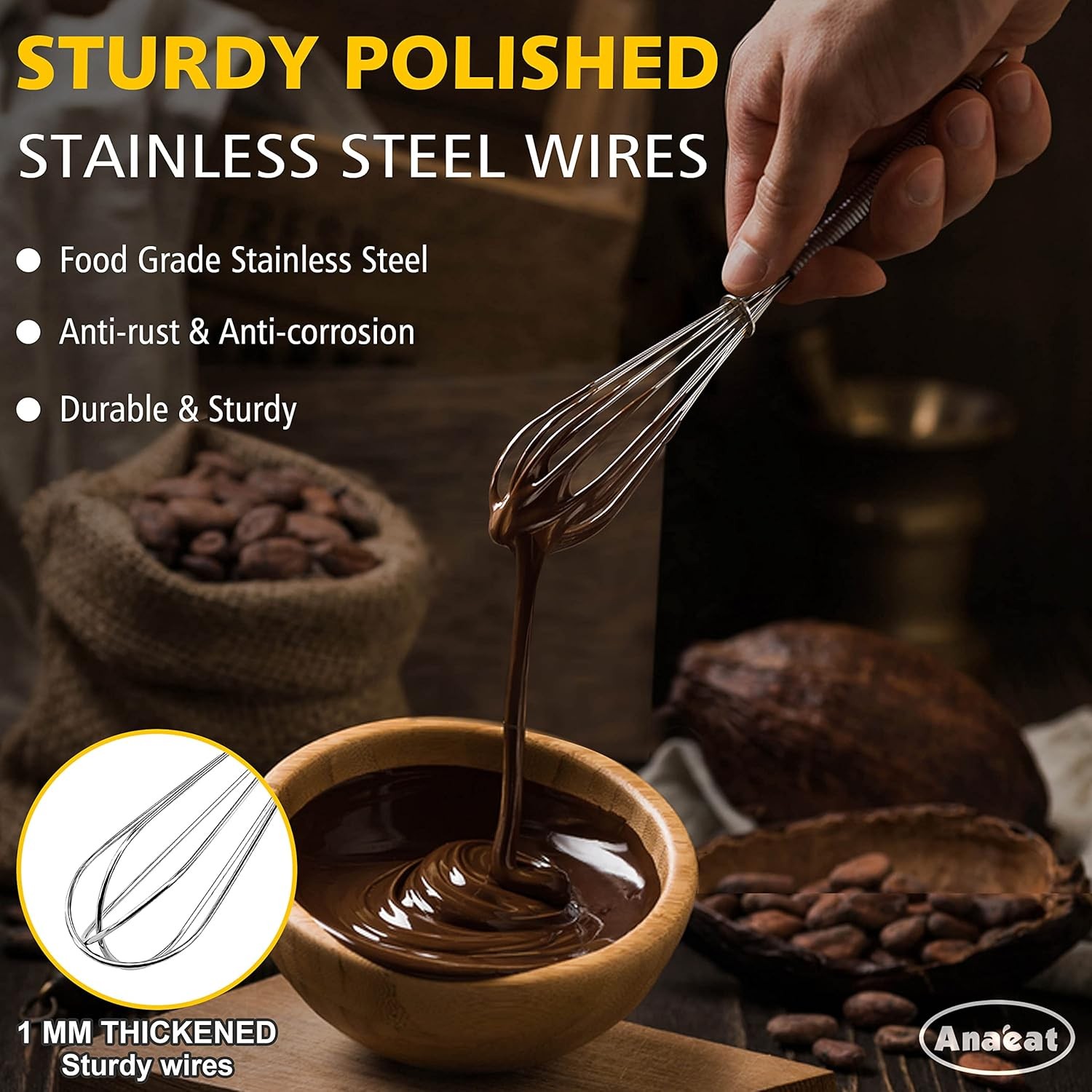 Anaeat Mini Wire Whisks, Set of 2 Portable Stainless 5+7 inches, Silver 2Pcs