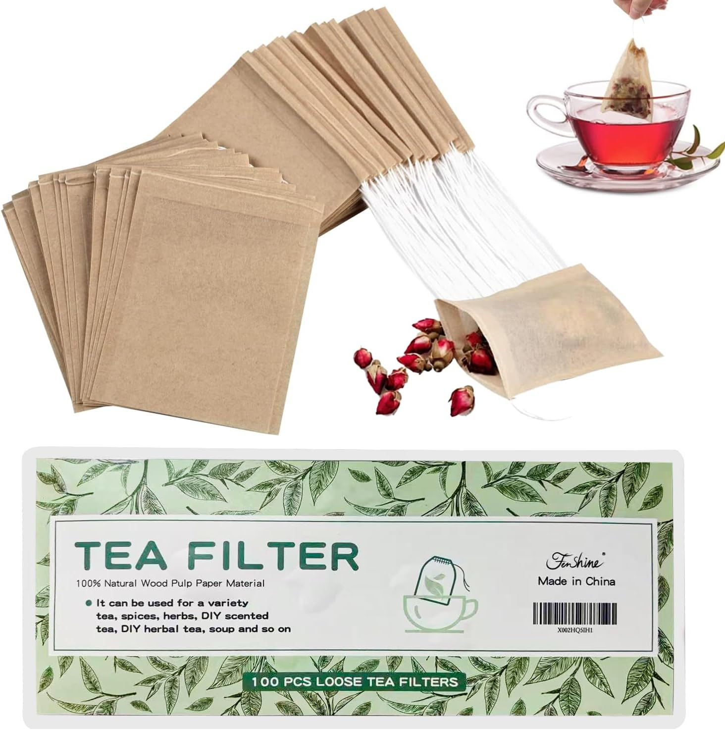 100Pcs Disposable Tea Bags for Loose Leaf Tea, 100% Natural Wood Pulp Paper Mate