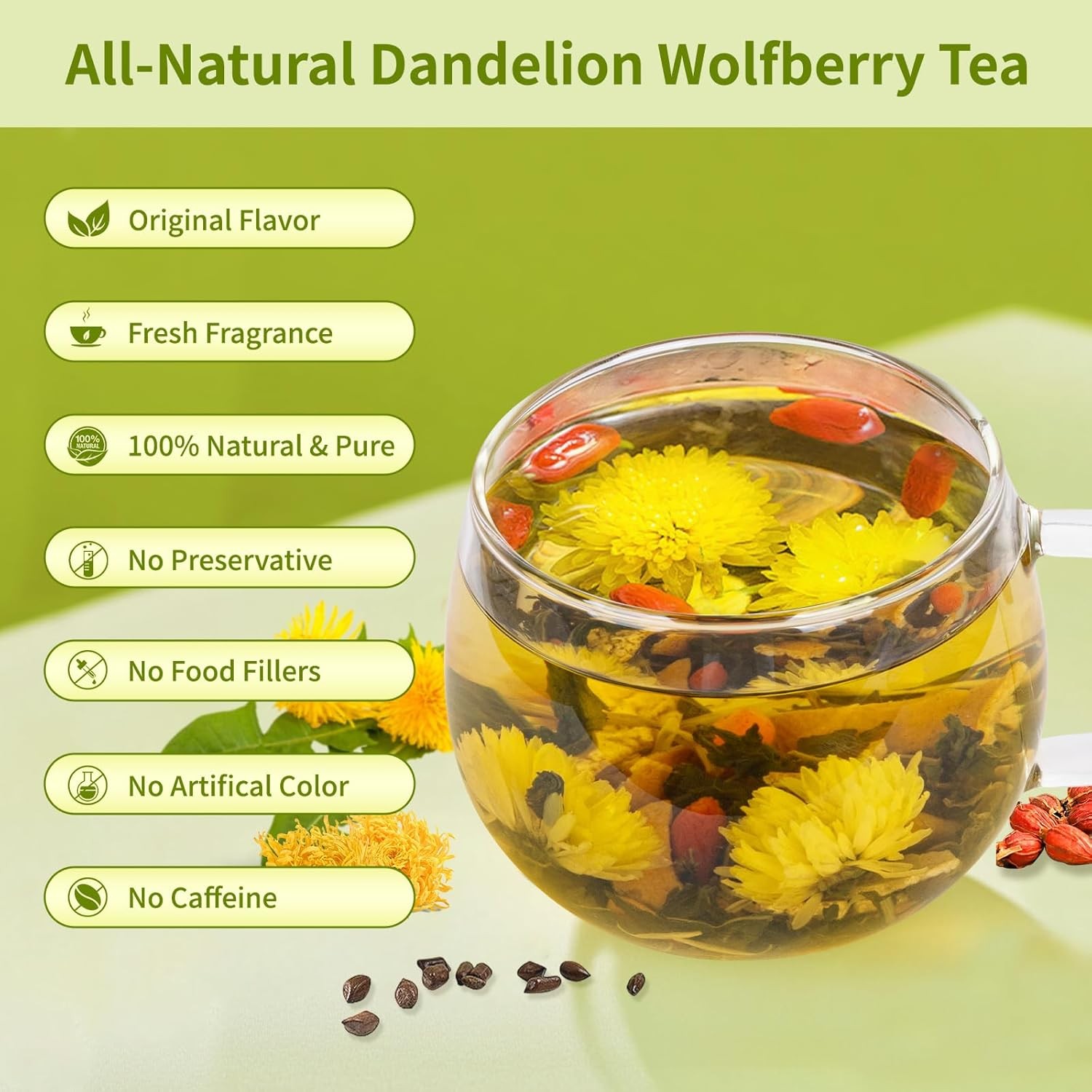Dandelion Wolfberry Tea Bags, Natural Kidneys & Liver Health Tea with Dandelion,