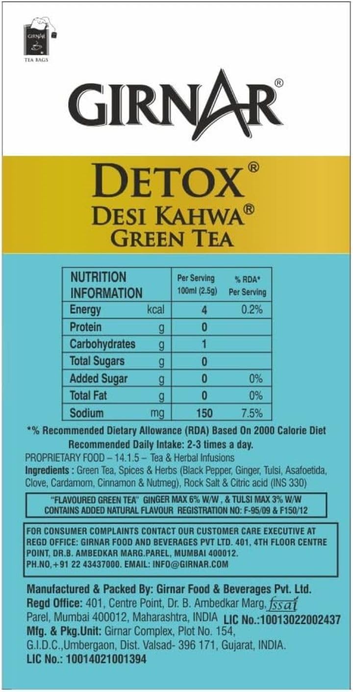 GIRNAR DETOX GREEN TEA – DESI KAHWA | 36 TEA BAGS | 90G