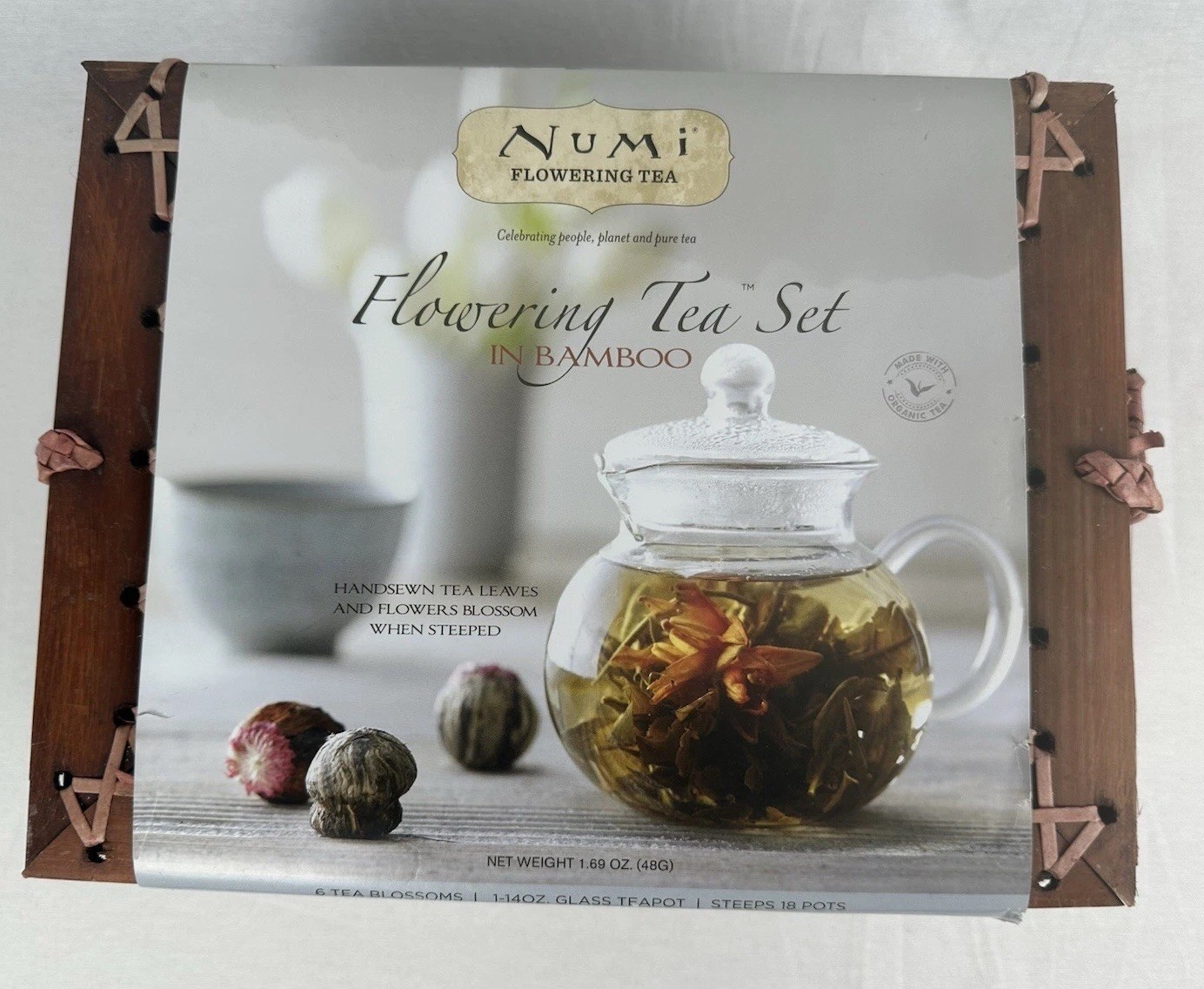 Numi Flowering Tea Glass Teapot in Bamboo Gift Box | New Unopened