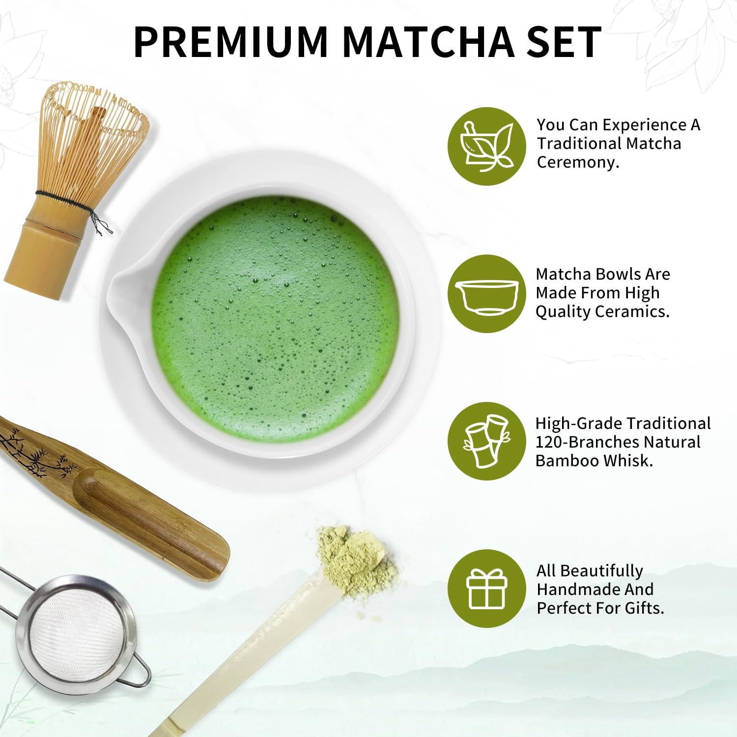 Matcha Whisk Set, Matcha Bowl with Spout, Bamboo Whisk, Scoop, Sifter, Whisk …