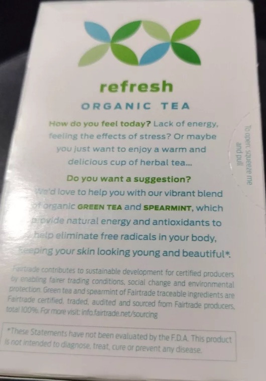 2) Boxes Helps Teas Refresh Organic Green Tea W/Spearmint Herbal 32 Tea Bags NIB
