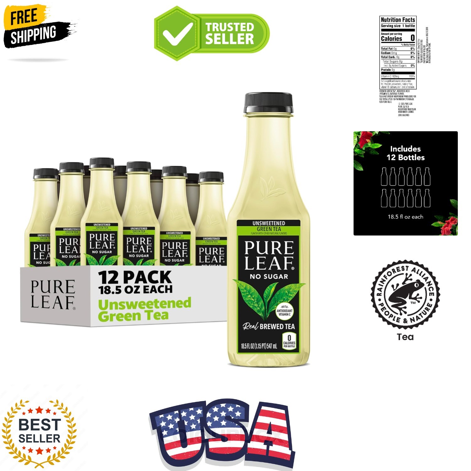 Pure Leaf Iced Tea, Unsweetened Green Tea, 18.5 fl Oz Bottles Pack of 12