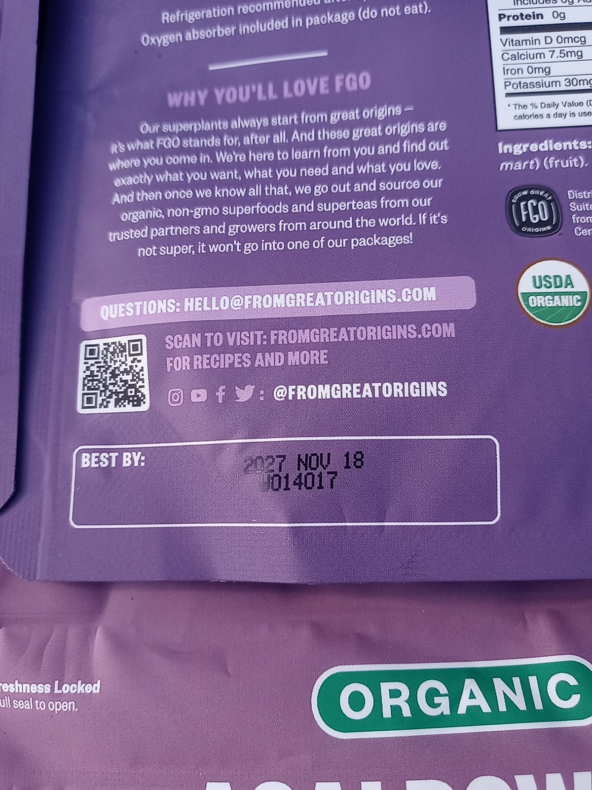 4 bags From Great Origins Organic Acai powder 4.oz each From Brazil 11/27 = 1lb
