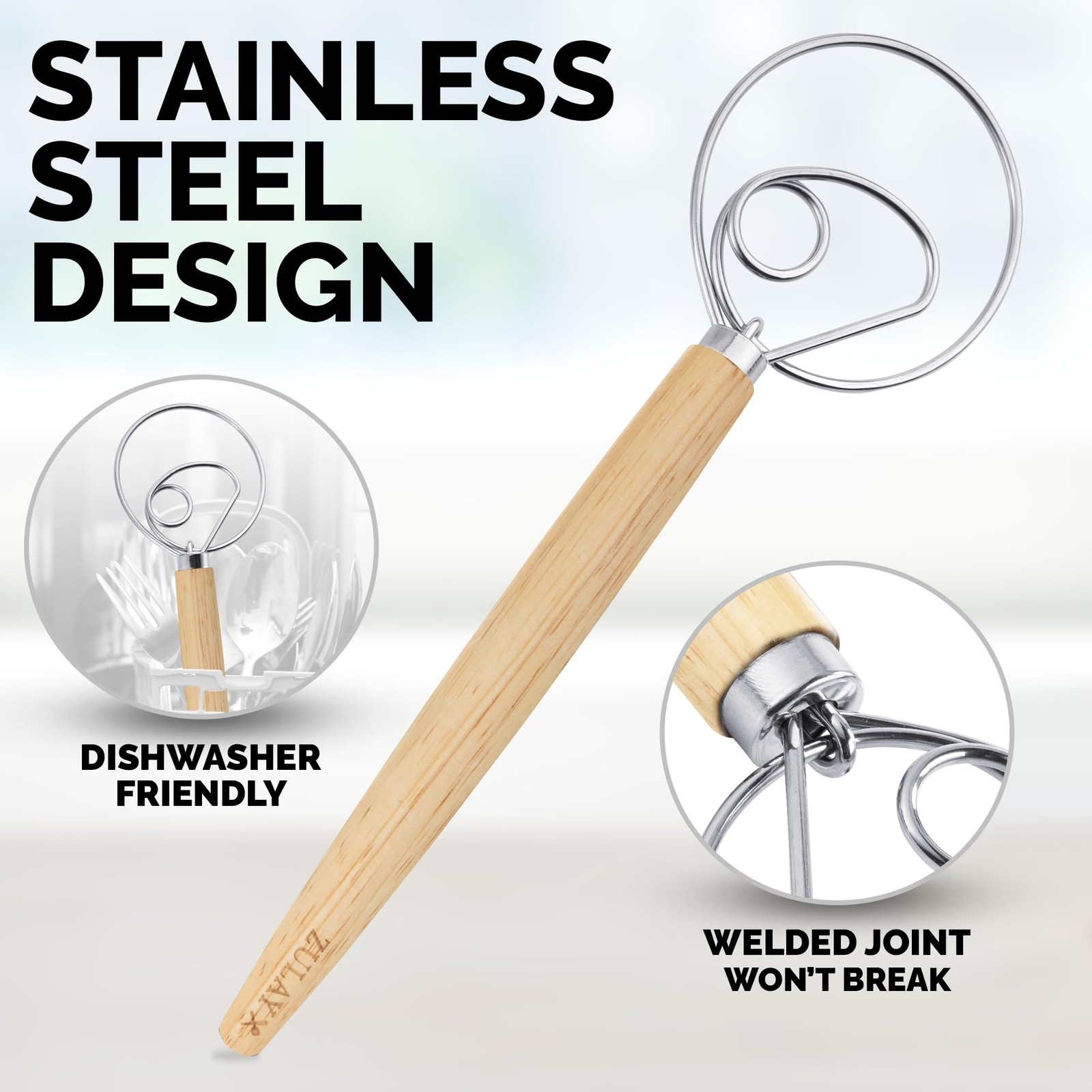 Zulay Kitchen 13-Inch Danish Dough Whisk – 1 Pack, Rubberwood – Single Eye