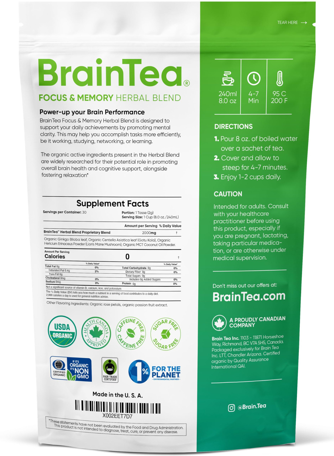 Focus & Memory – Organic Memory Tea Brain Booster, Ginkgo Biloba Tea, Gotu Ko…