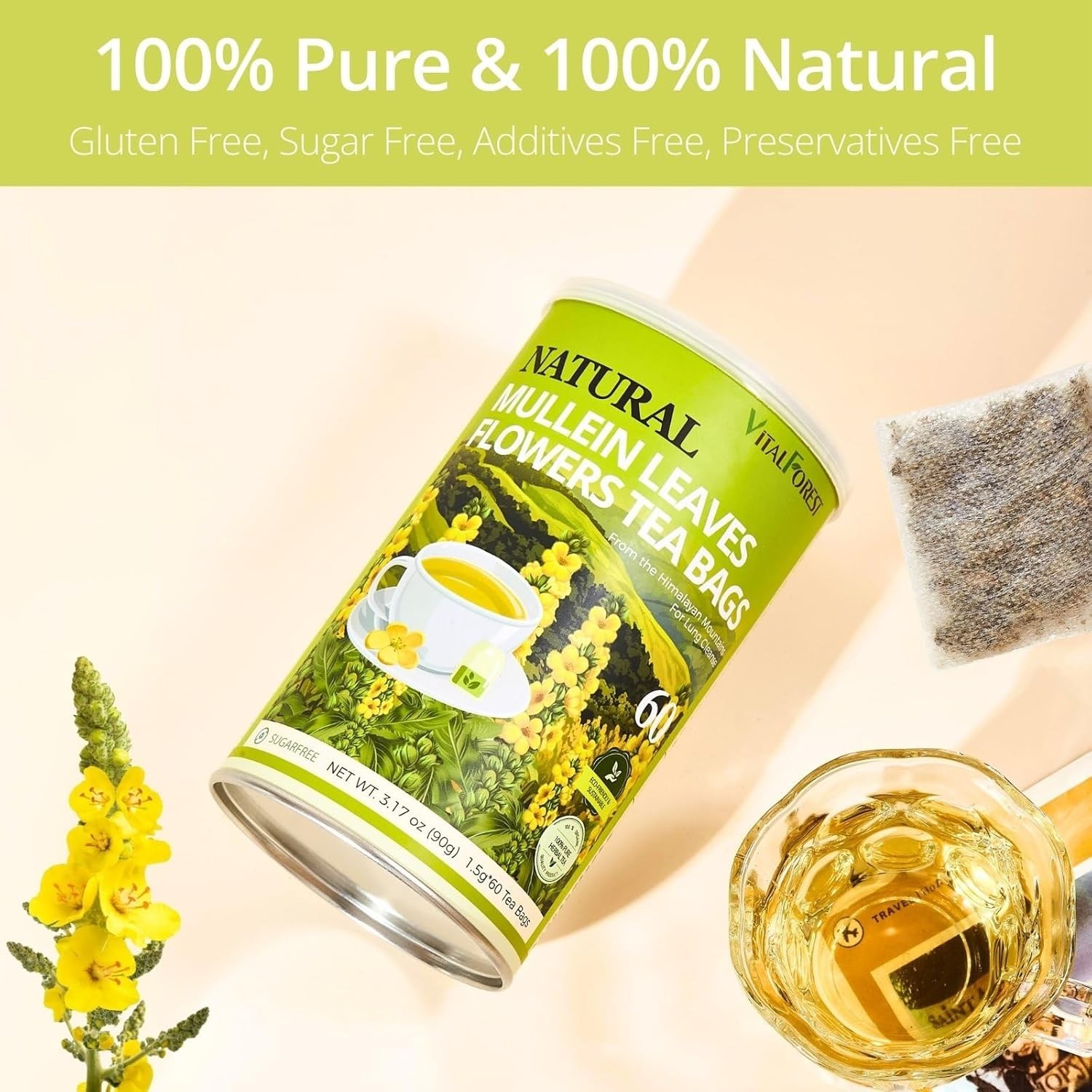60 Mullein Leaf Tea Bags for Lungs, VitalForest 100% Pure Mullein Mullins Detox