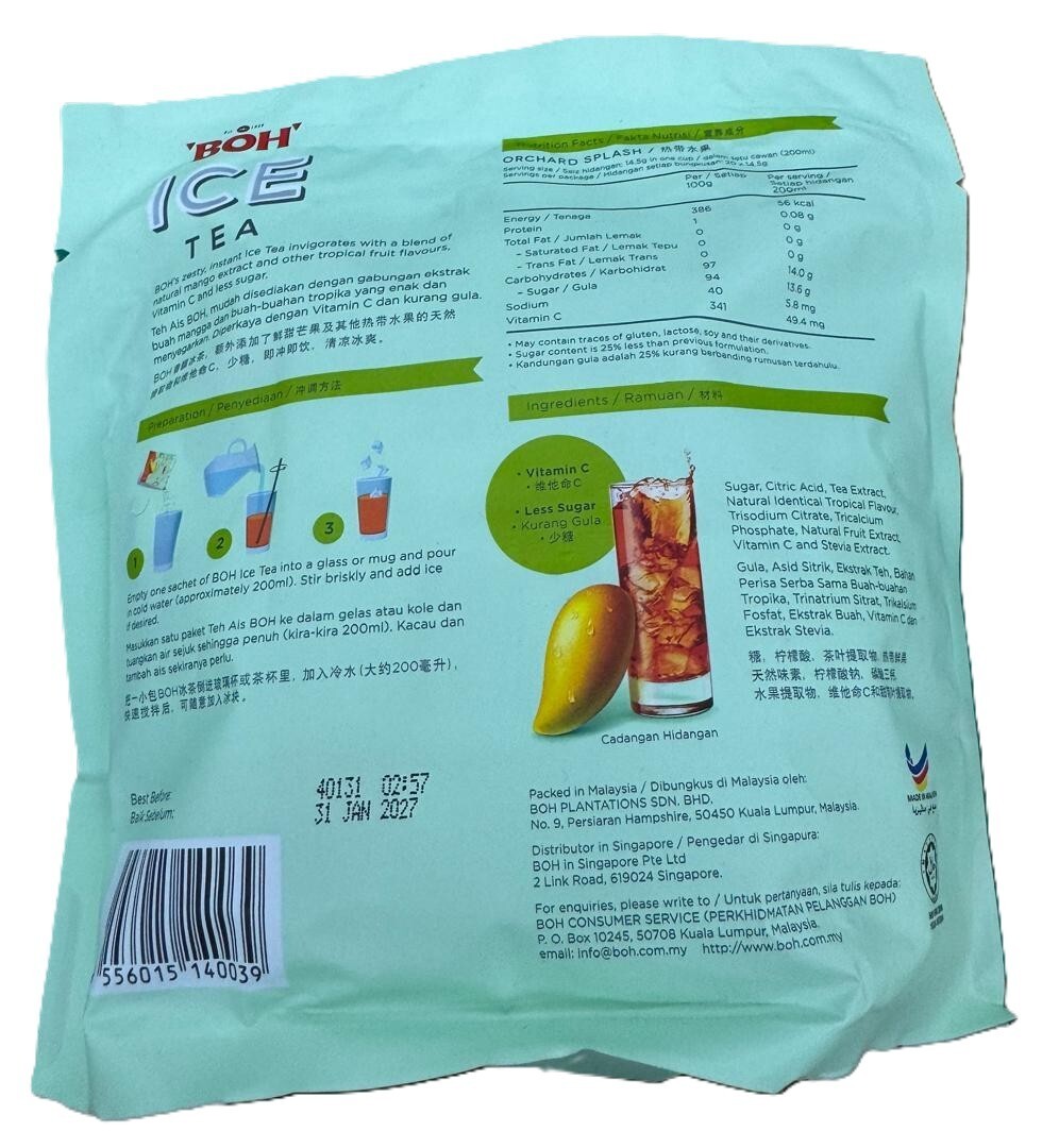 Boh Ice Tea Instant Mix Orchard Splash Vit C L/Sugar 20s x 14.5g – 1 Pack