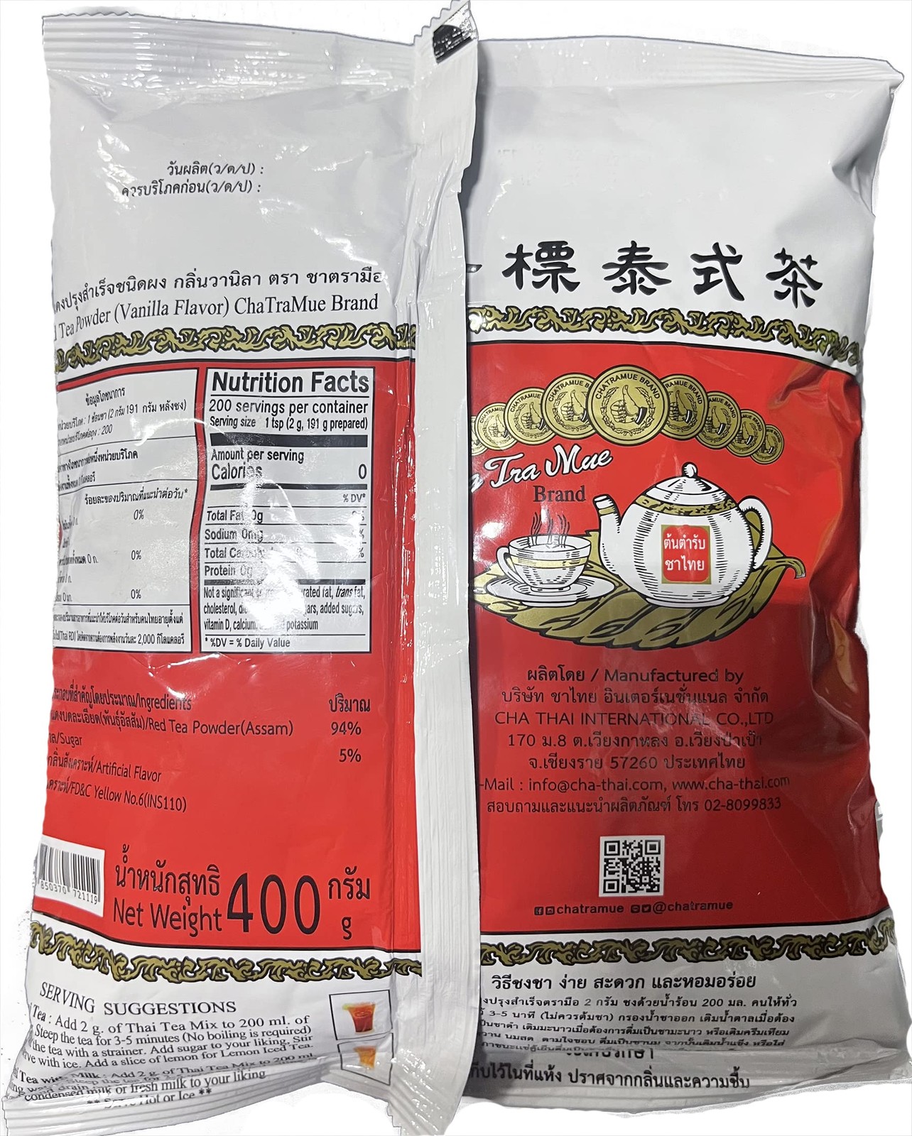 Chatramue Original Thai Iced Tea Mix Bolsa De 400 G, Paquete De 2
