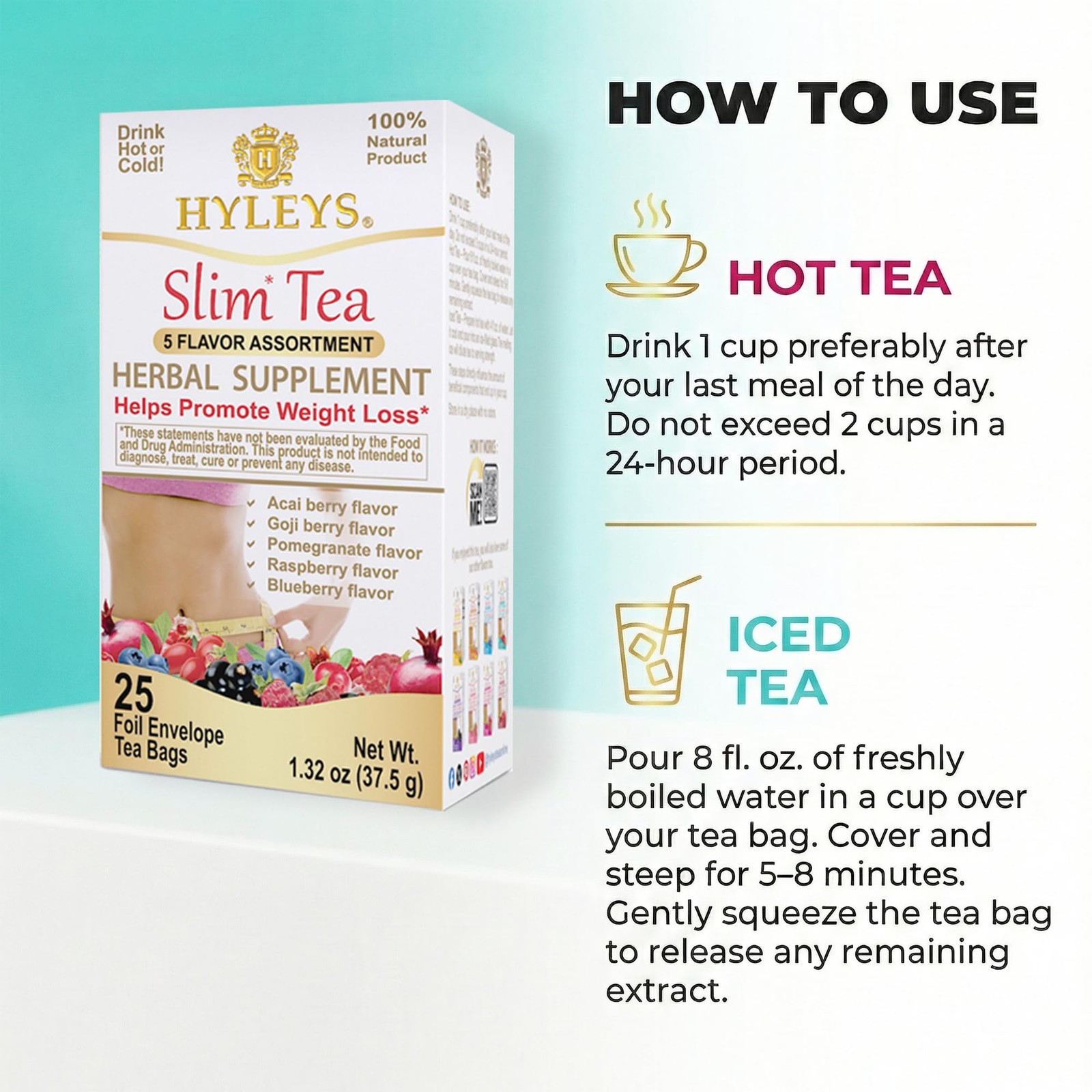 HYLEYS Slim Tea 5 Flavor Assortment 25 Count (Pack of 1), 5