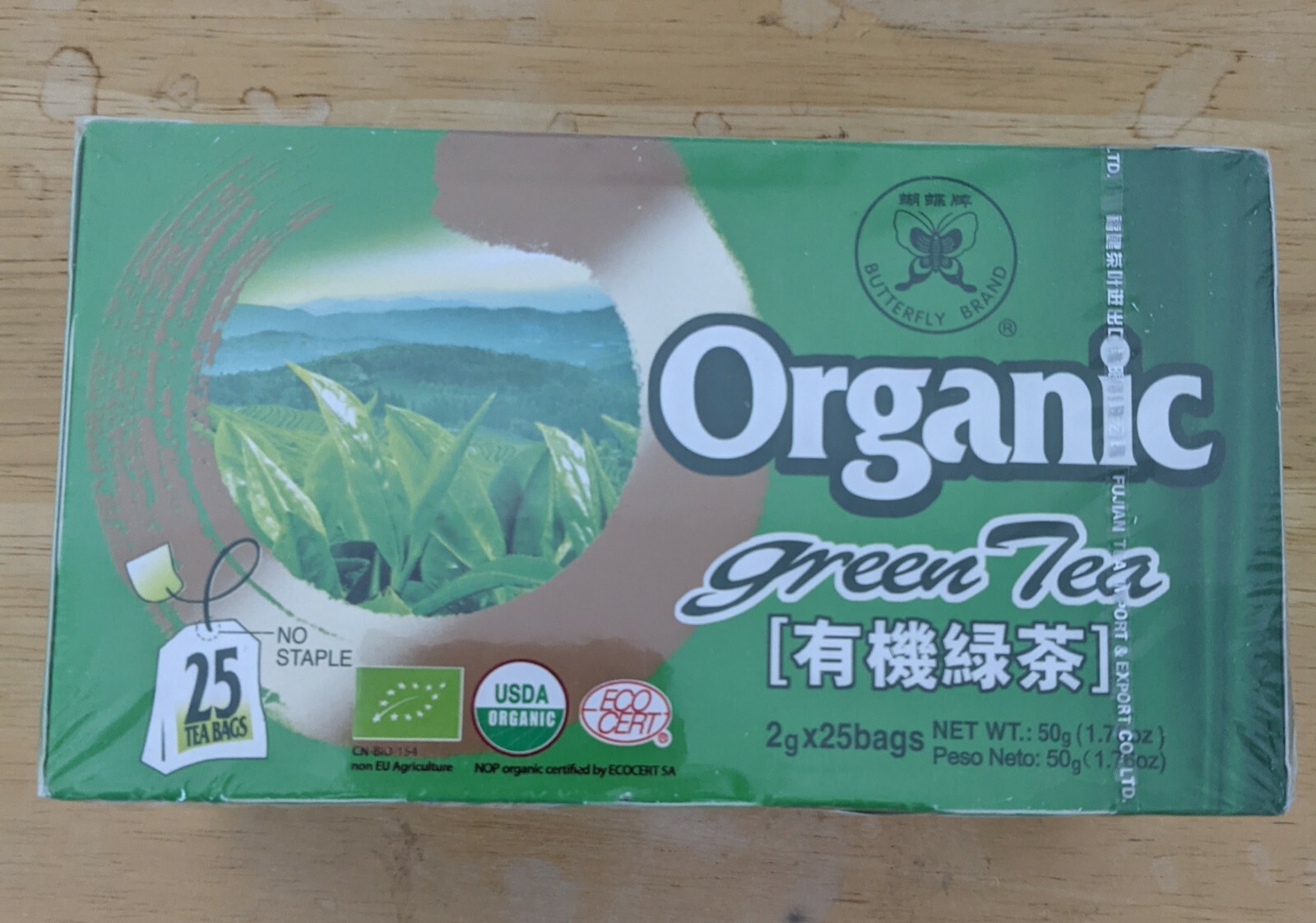 Organic Green Tea USDA Organic Butterfly Brand 25 bags No staple 100% Green Tea