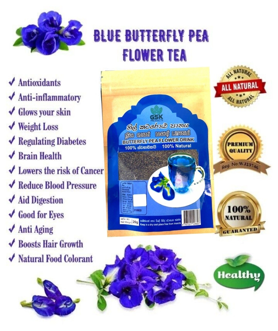 Blue Butterfly Pea Flower Powder Pure Organic Natural Herbal Drink – Gluten Free
