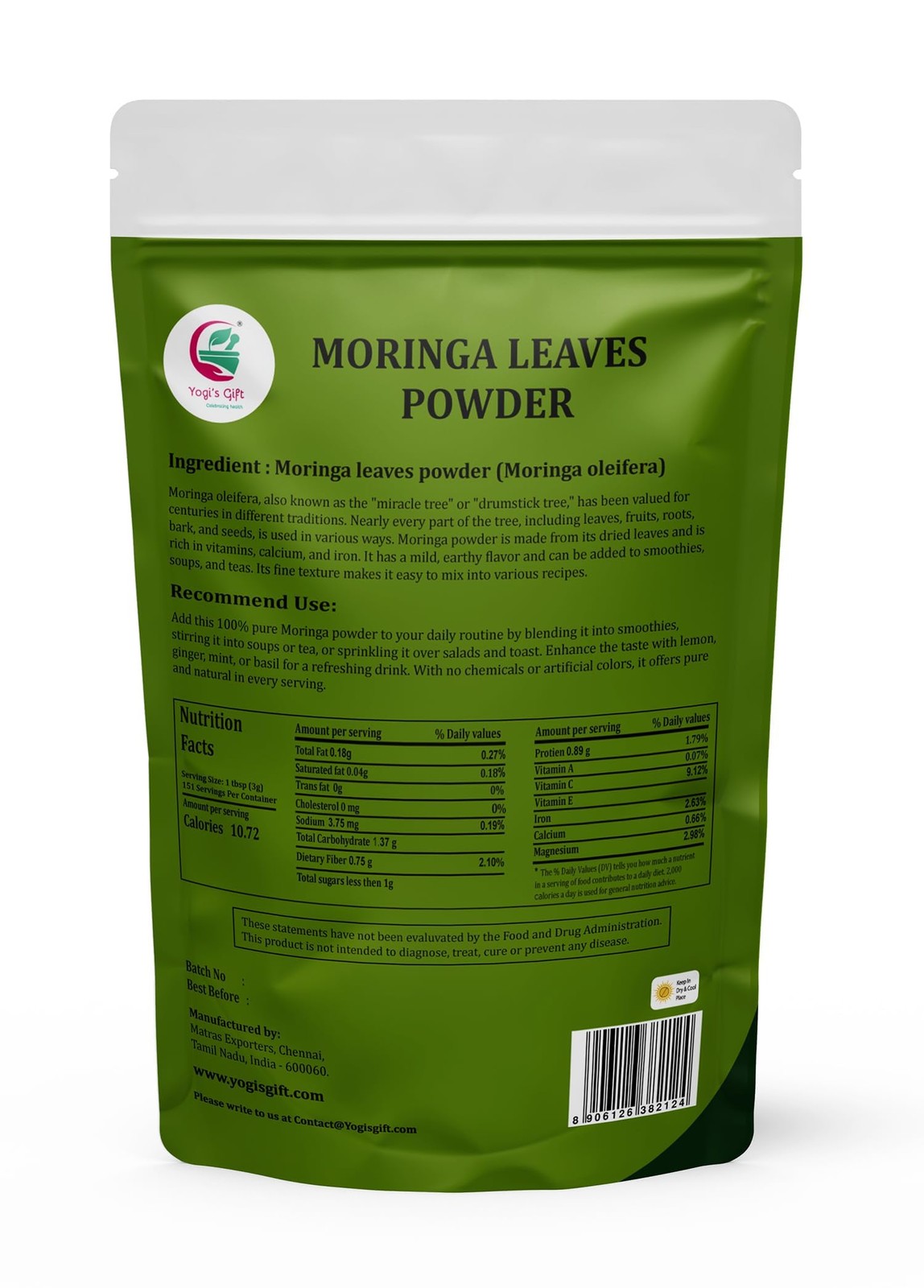 Moringa Powder 1 LB, 100% Pure & Natural Moringa Leaf Powder, Premium Quality…