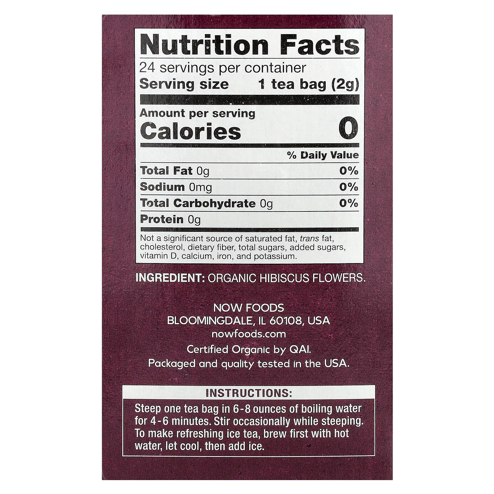 Organic Hibiscus Tea, Caffeine Free, 24 Tea Bags, 1.7 oz (48 g)