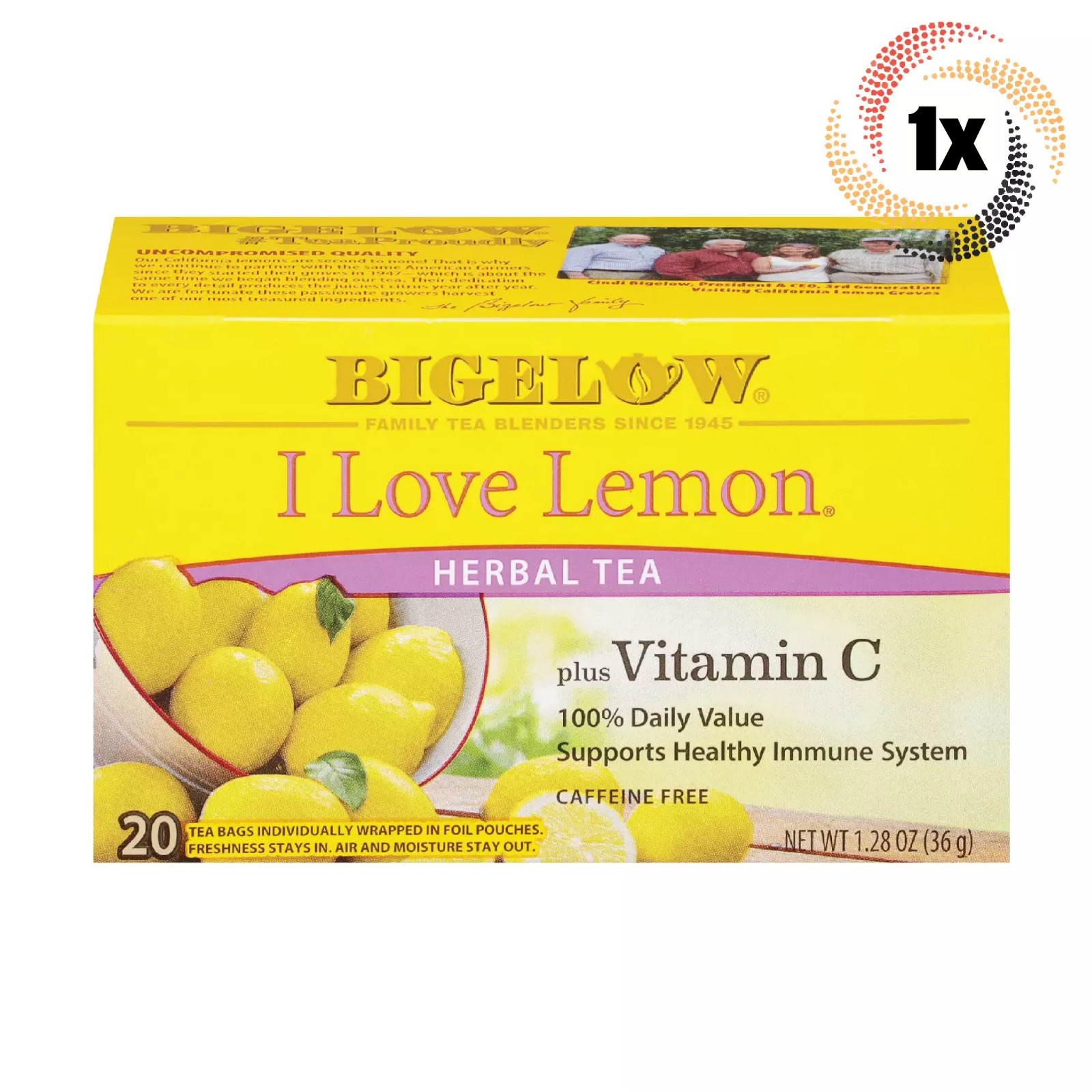 1x Box Bigelow I Love Lemon Herbal Tea Vitamin C | 20 Pouches Per Box | 1.28oz