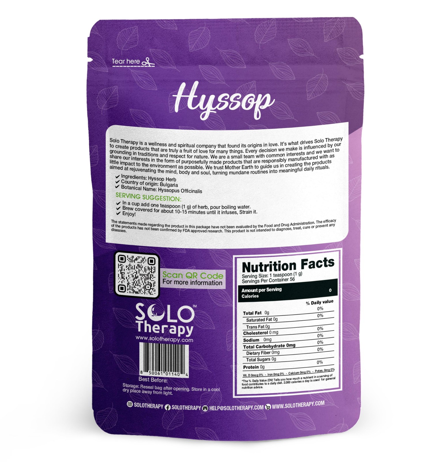 Hyssop Herb, 2 oz (56 g), Tea – Hyssopus Officinalis, Resealable Brown