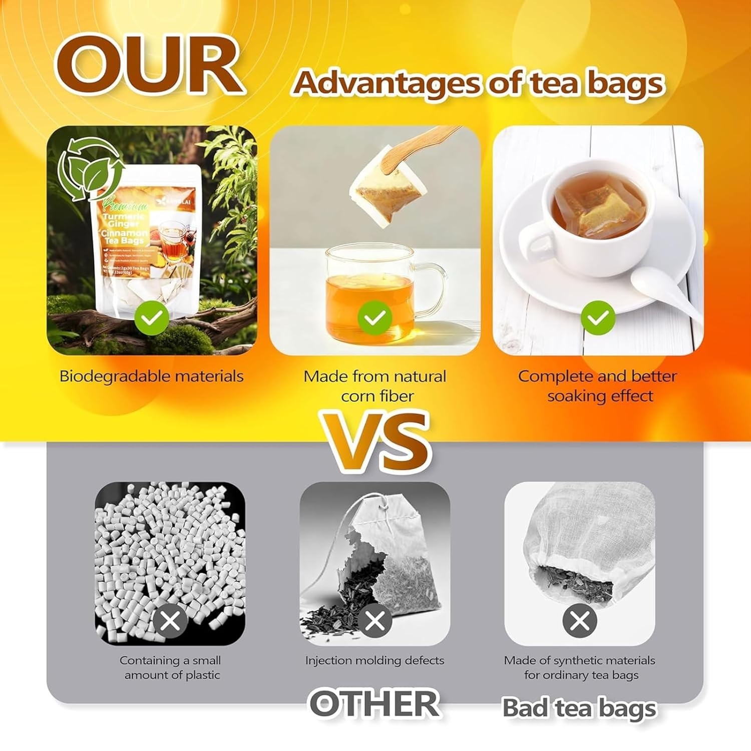 30 Premium Turmeric Ginger Cinnamon Tea Bags, 100% Natural Ingredients Herbal Te