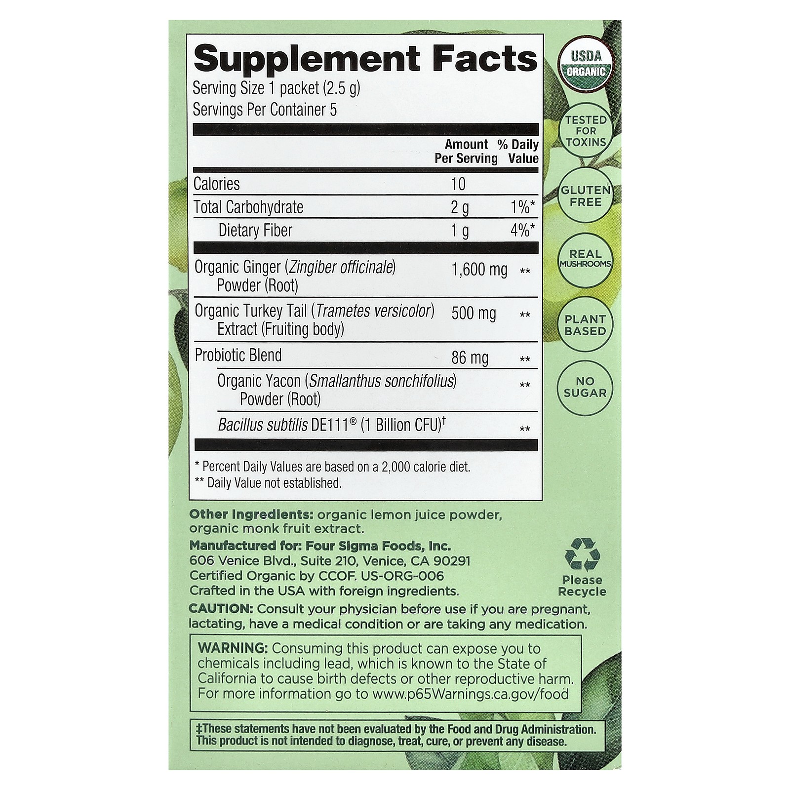 Gut Health, Organic Herbal Tea With Probiotics & Turkey Tail Mushroom, Ginger &