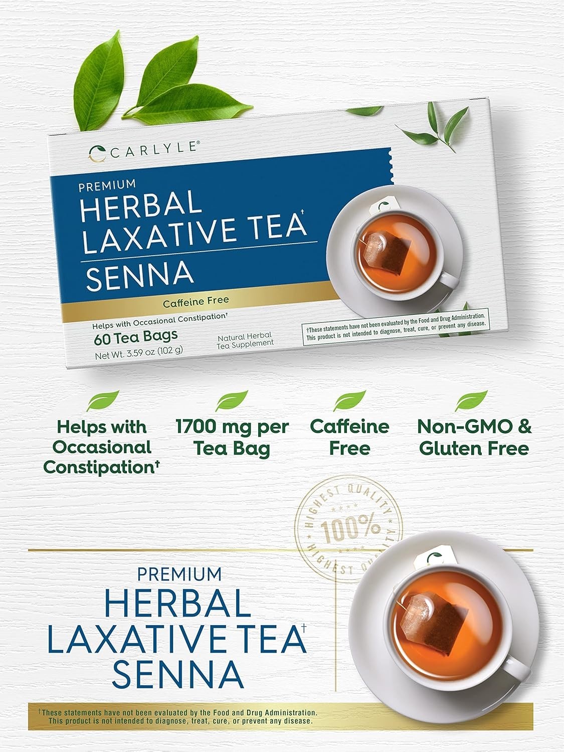 Caffeine-Free Senna Leaf Tea – 60 Tea Bags to Soothe Occasional Constipation